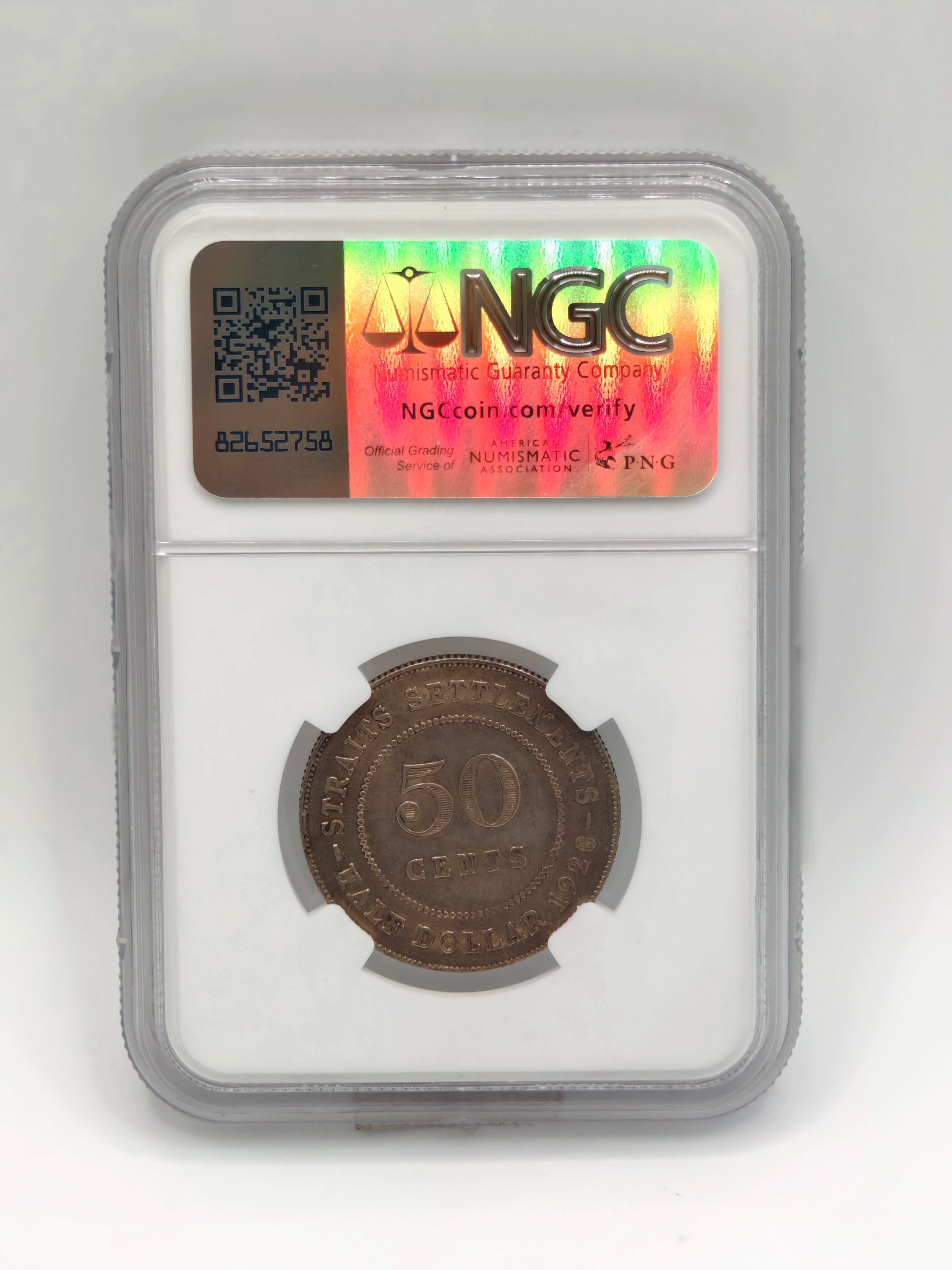 1920 - Straits 50c Cross Below Bust AU 55