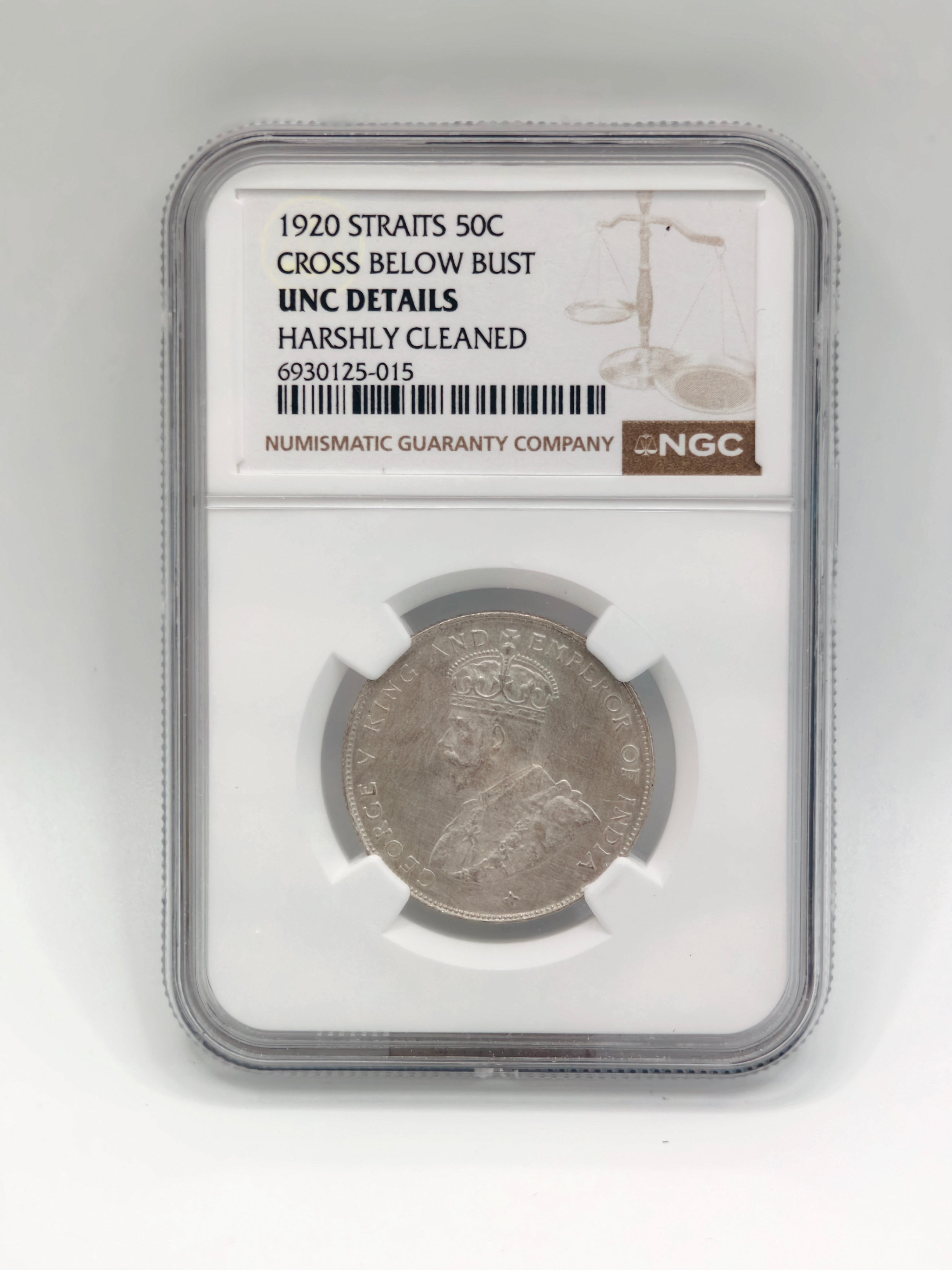 1920 - Straits 50c Cross Below Bust UNC Details Harshly Cleaned