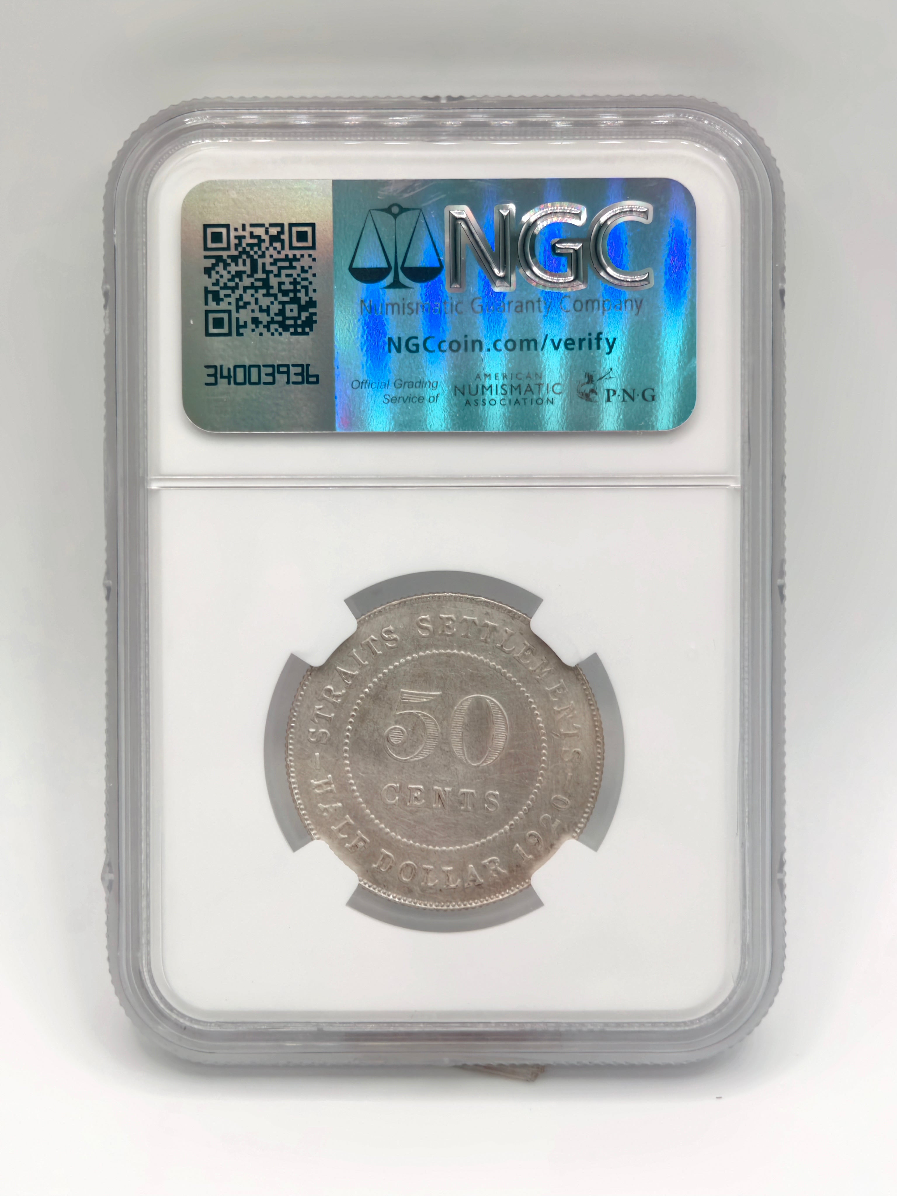 1920 - Straits 50c Cross Below Bust UNC Details Harshly Cleaned
