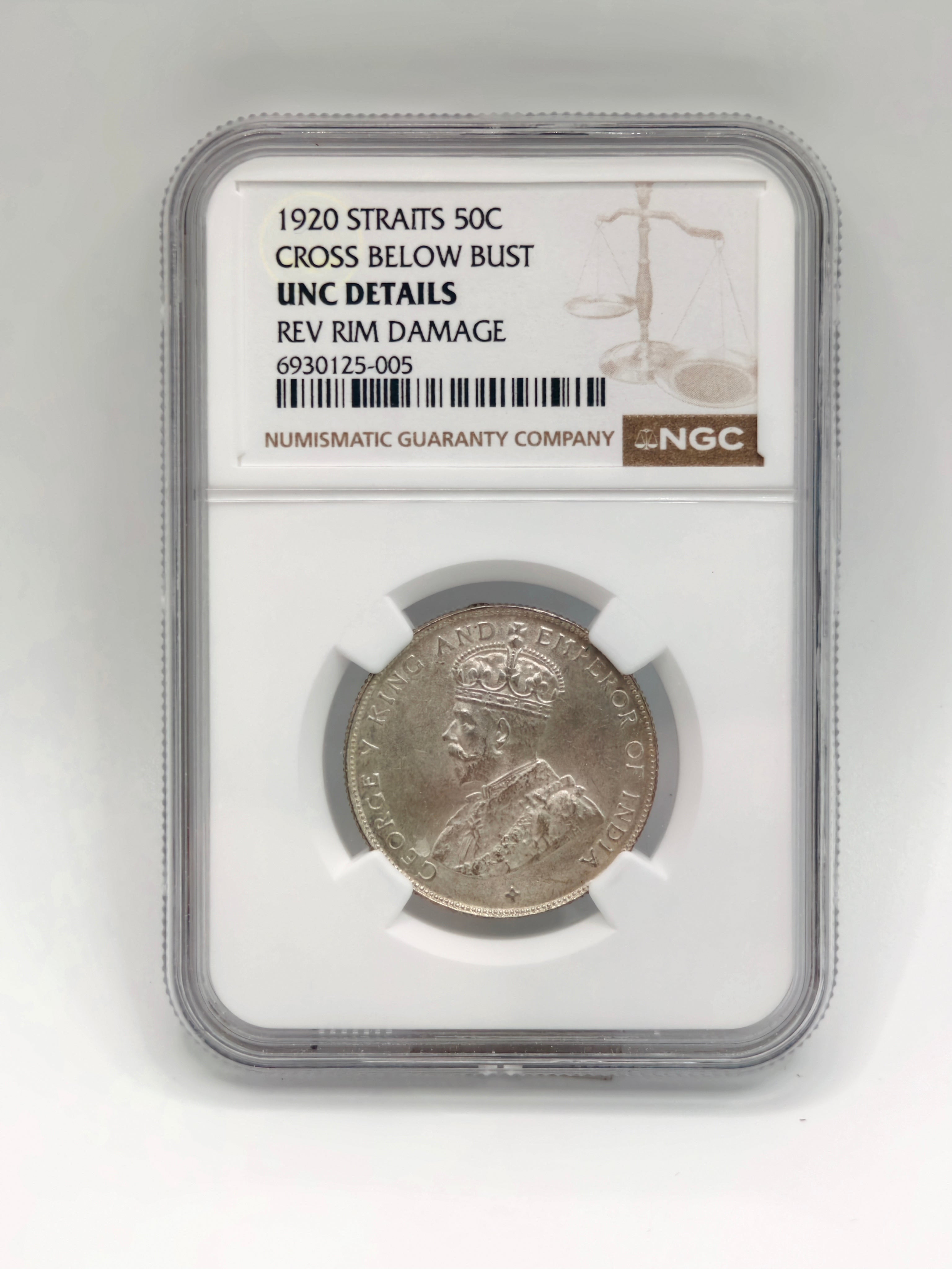1920 - Straits 50c Cross Below Bust UNC Details Rev Rim Damage