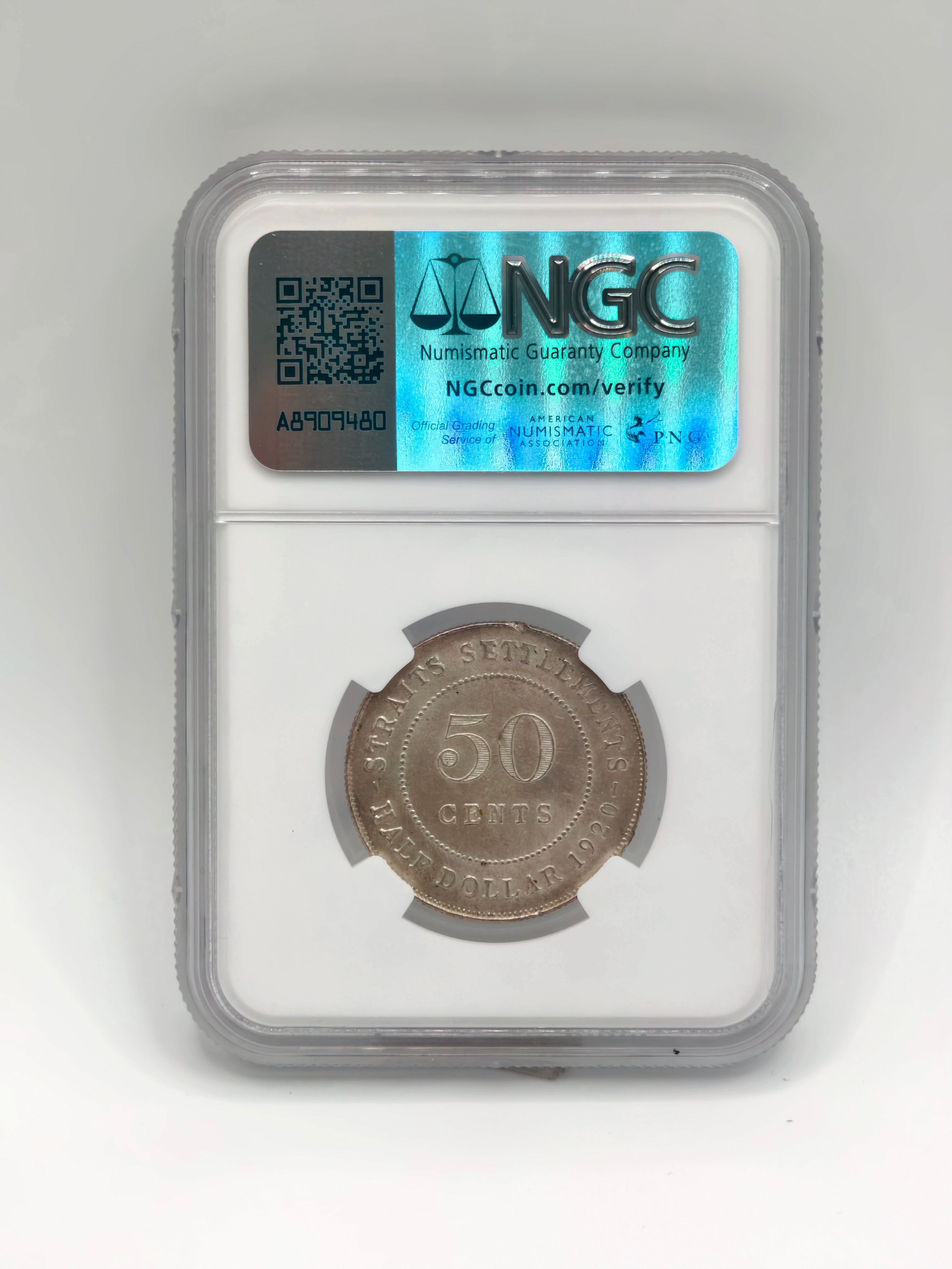1920 - Straits 50c Cross Below Bust UNC Details Rev Rim Damage