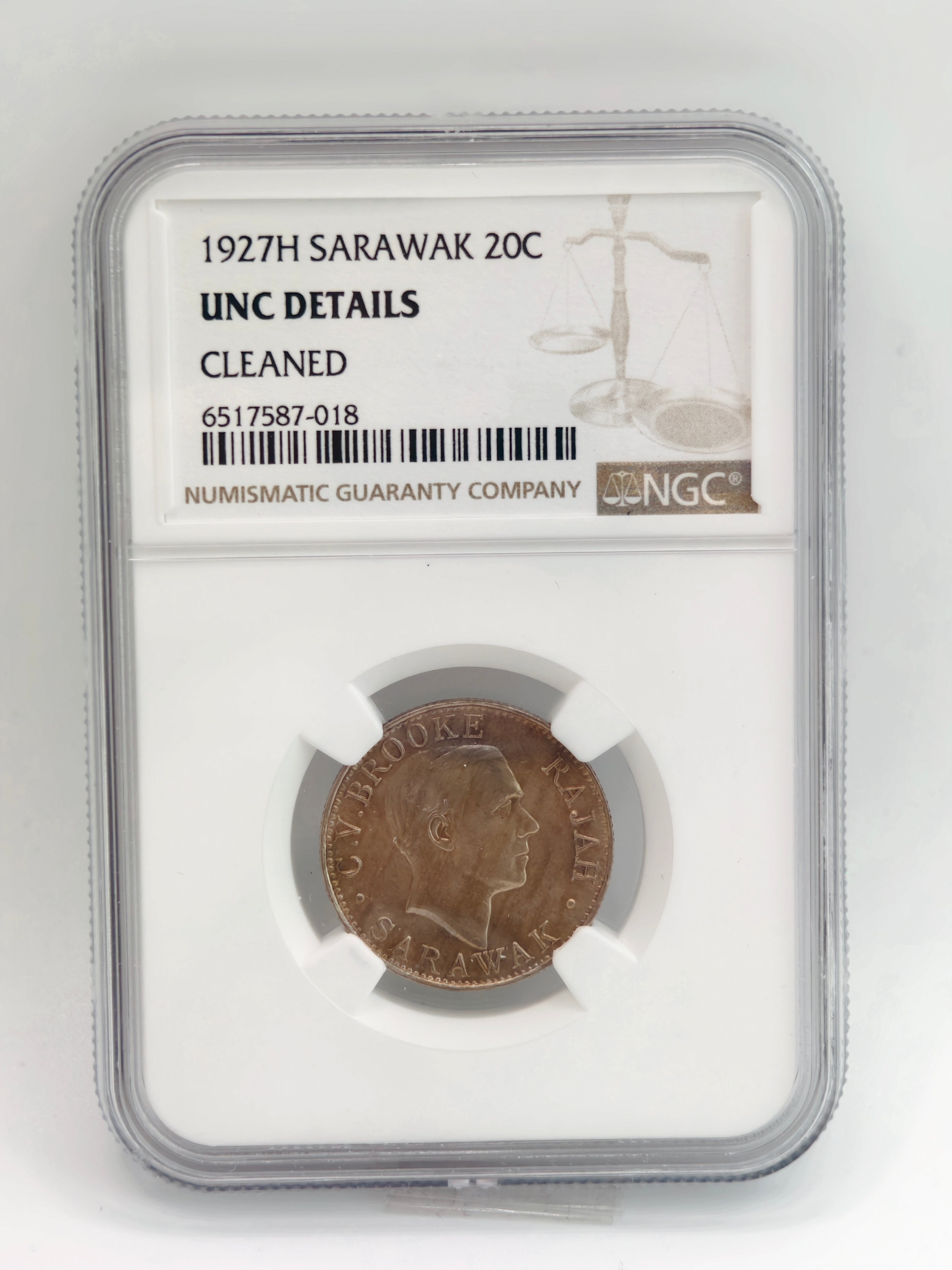 1927H - Sarawak 20 cents UNC Details Cleaned