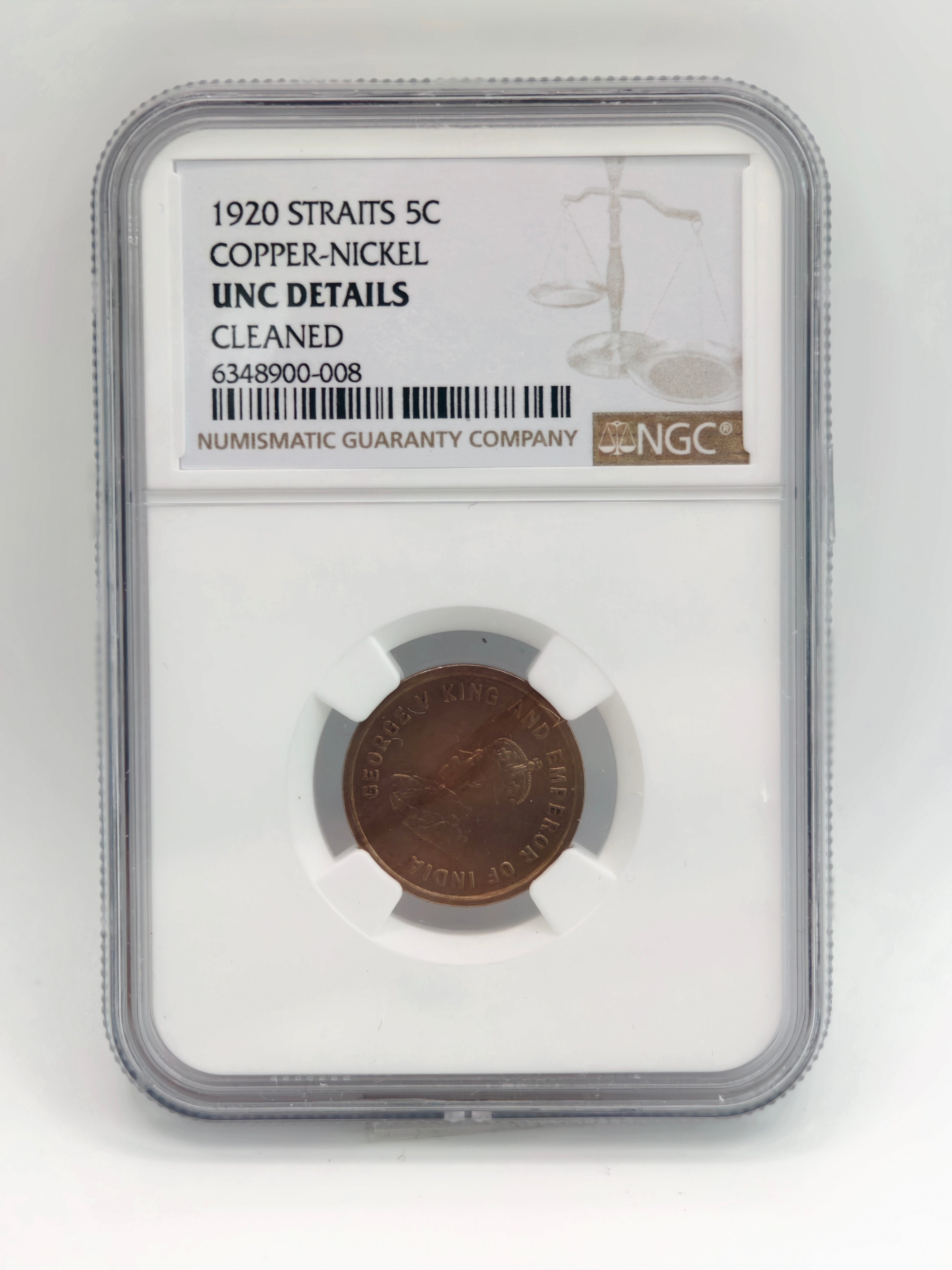 1920 Straits Settlements 5 Cents Copper-Nickel UNC Details Cleaned Colonial Coin Obverse