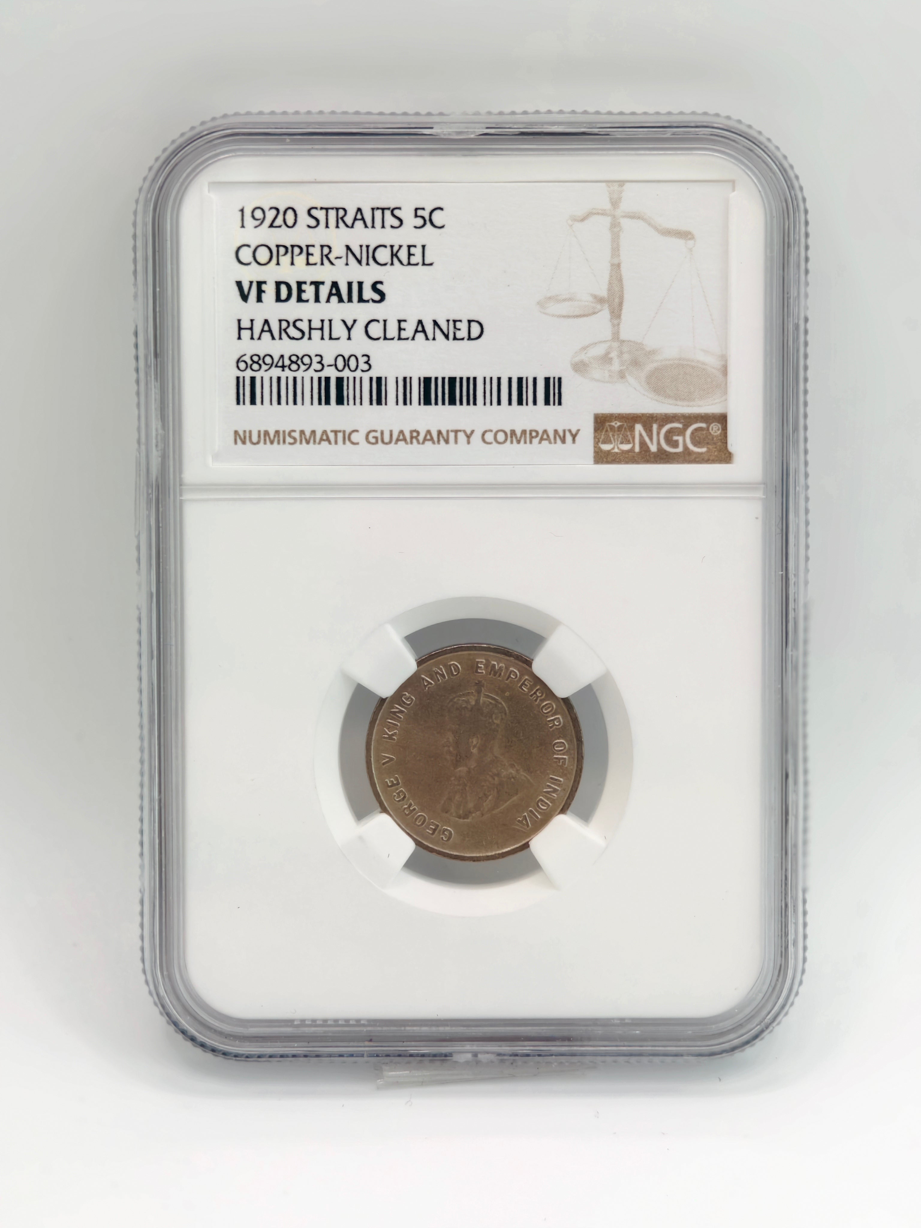 1920 - Straits 5c Copper-Nickel VF Details Harshly Cleaned