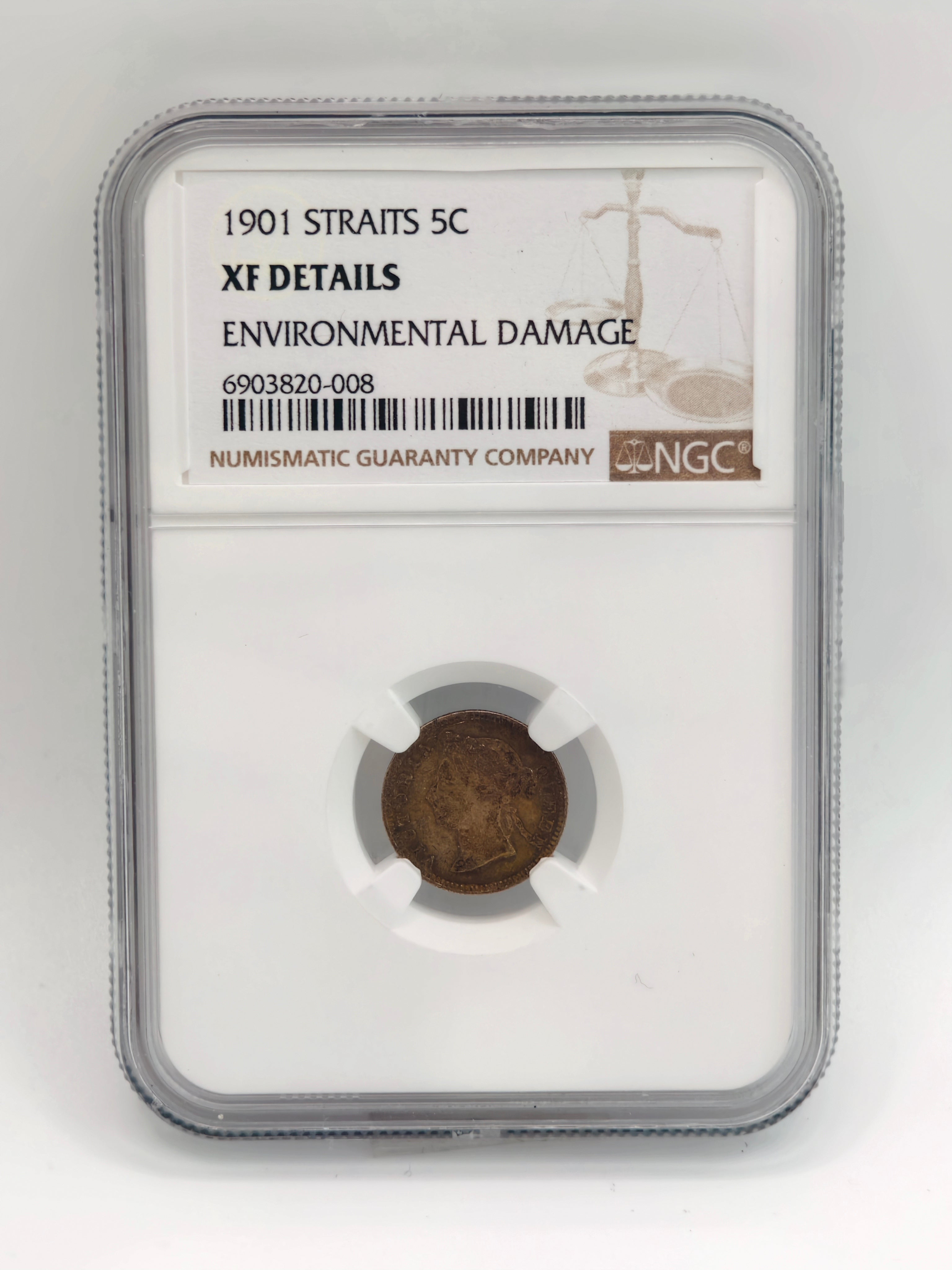 1901 - Straits 5 cents XF Details Environmental Damage