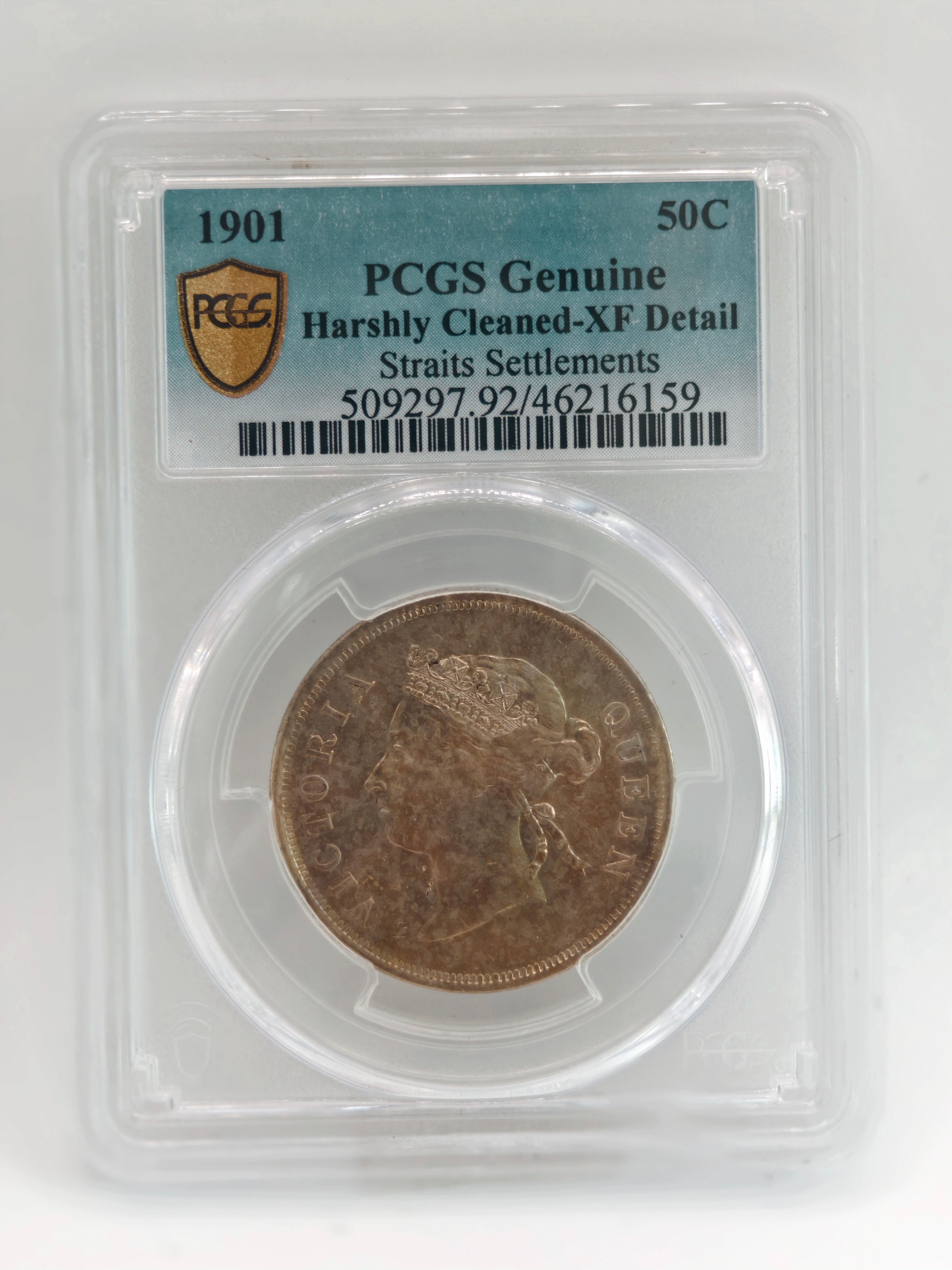 1901 - Straits 50 cents PCGS Genuine Harshly Cleaned XF Detail