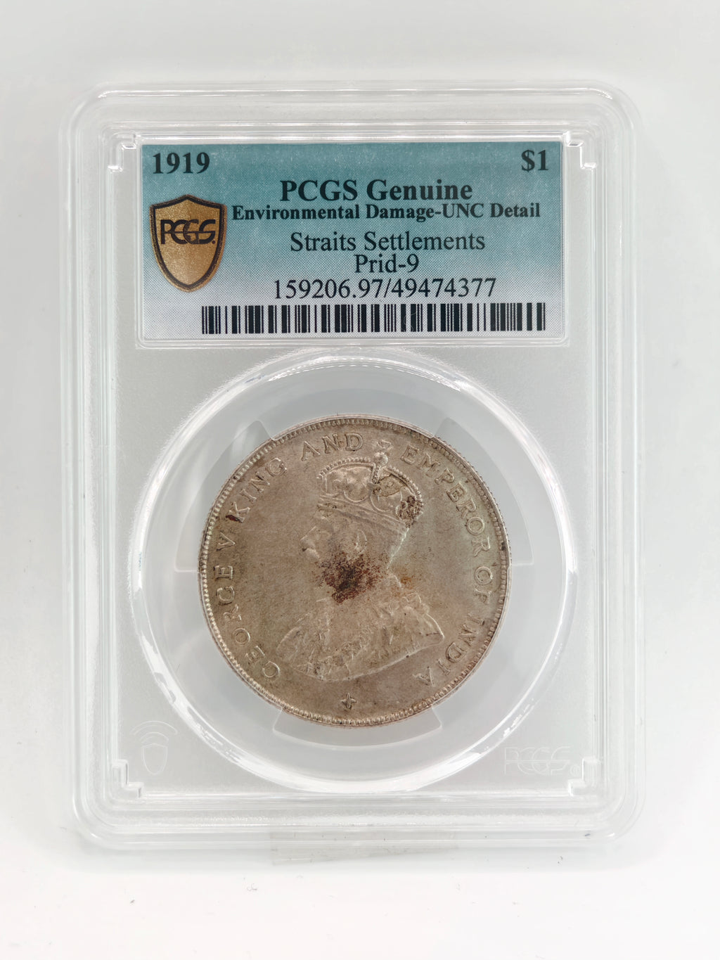 1919 - Straits $1 PCGS Genuine Environmental Damage - UNC Detail