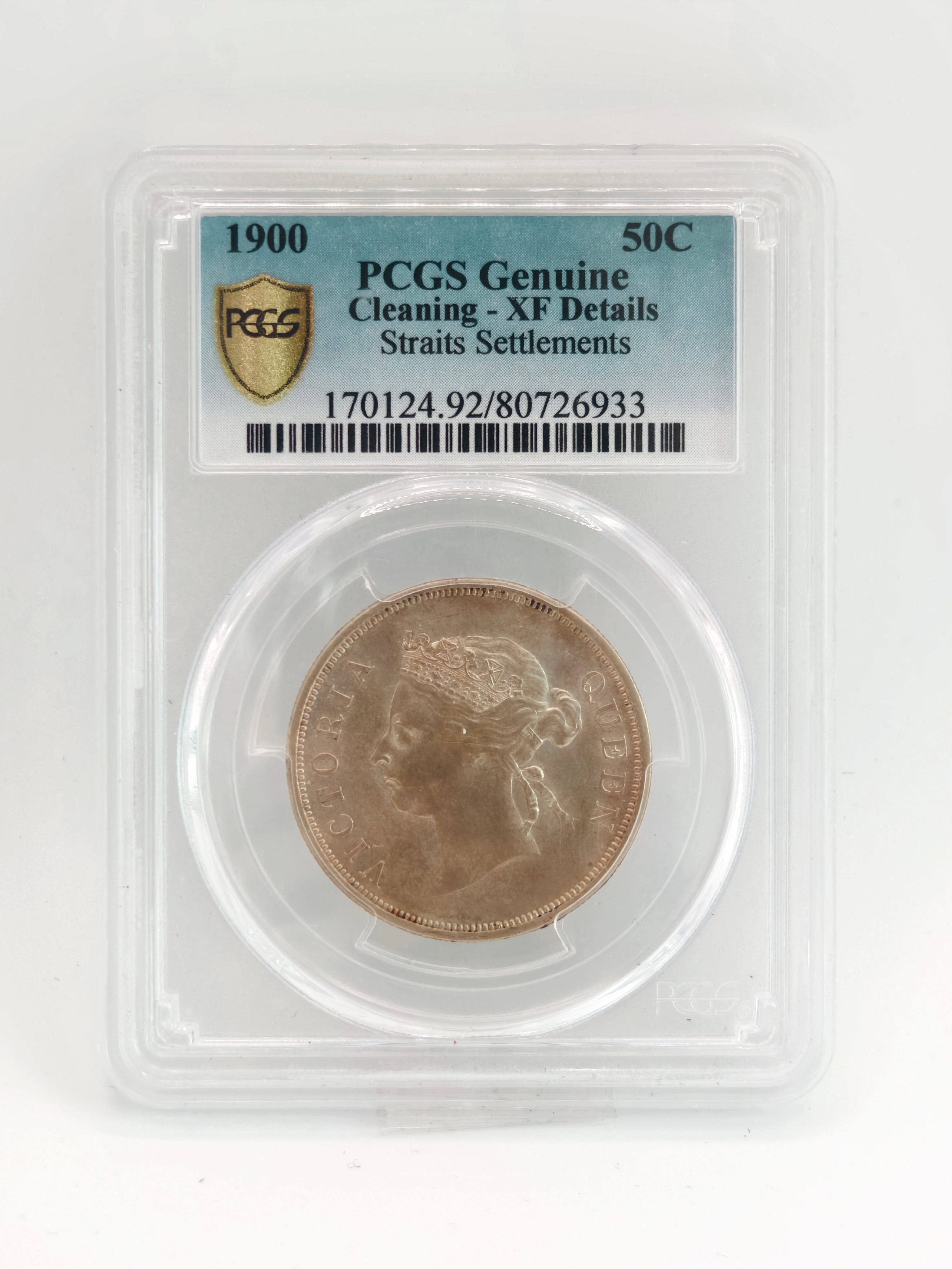 1900 - Straits 50 cents PCGS Genuine Cleaning - XF Details