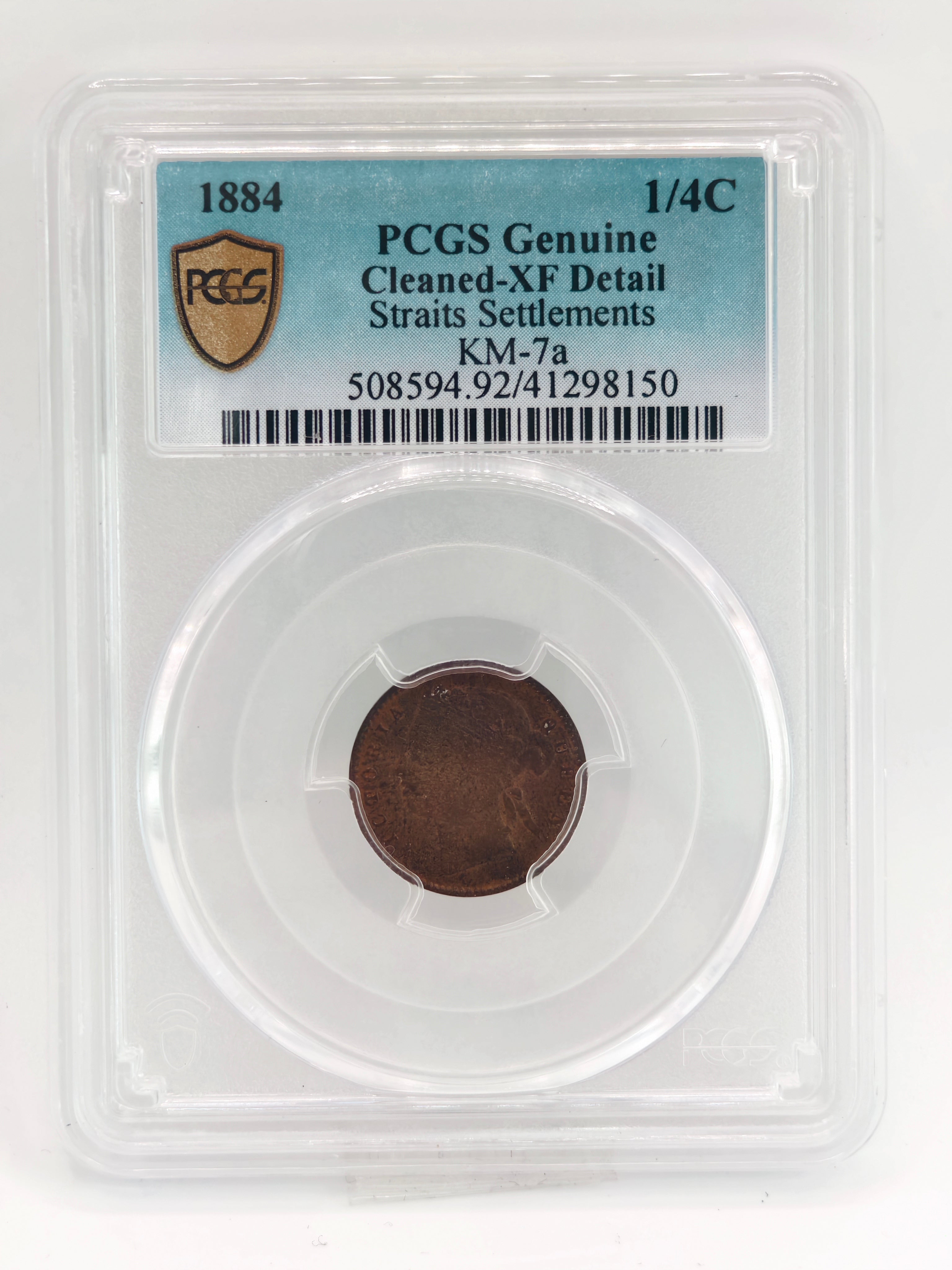 1884 - Straits 1/4c PCGS Genuine Cleaned-XF Detail