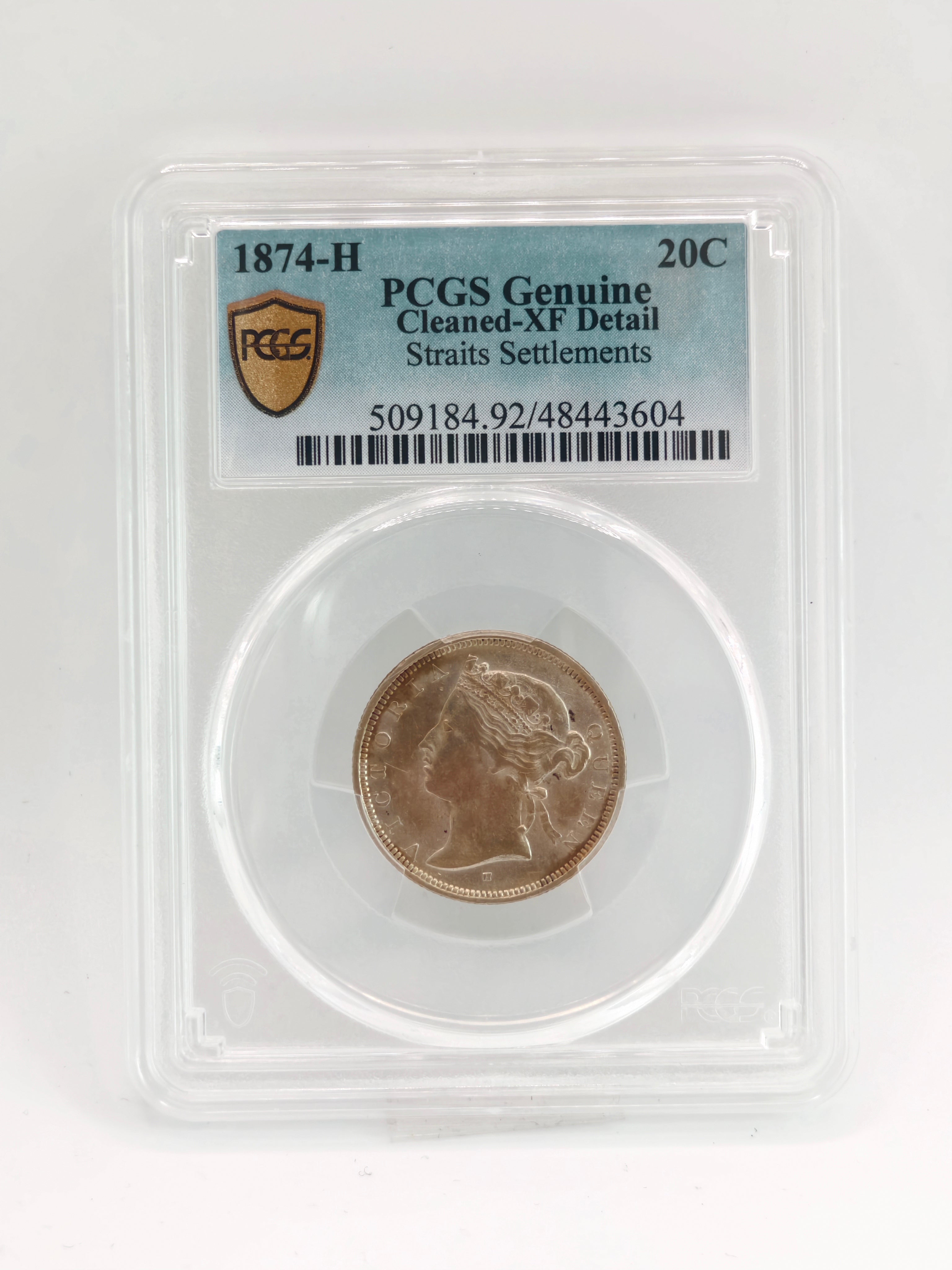 1874 - Straits 20 cents PCGS Genuine Cleaned - XF Detail