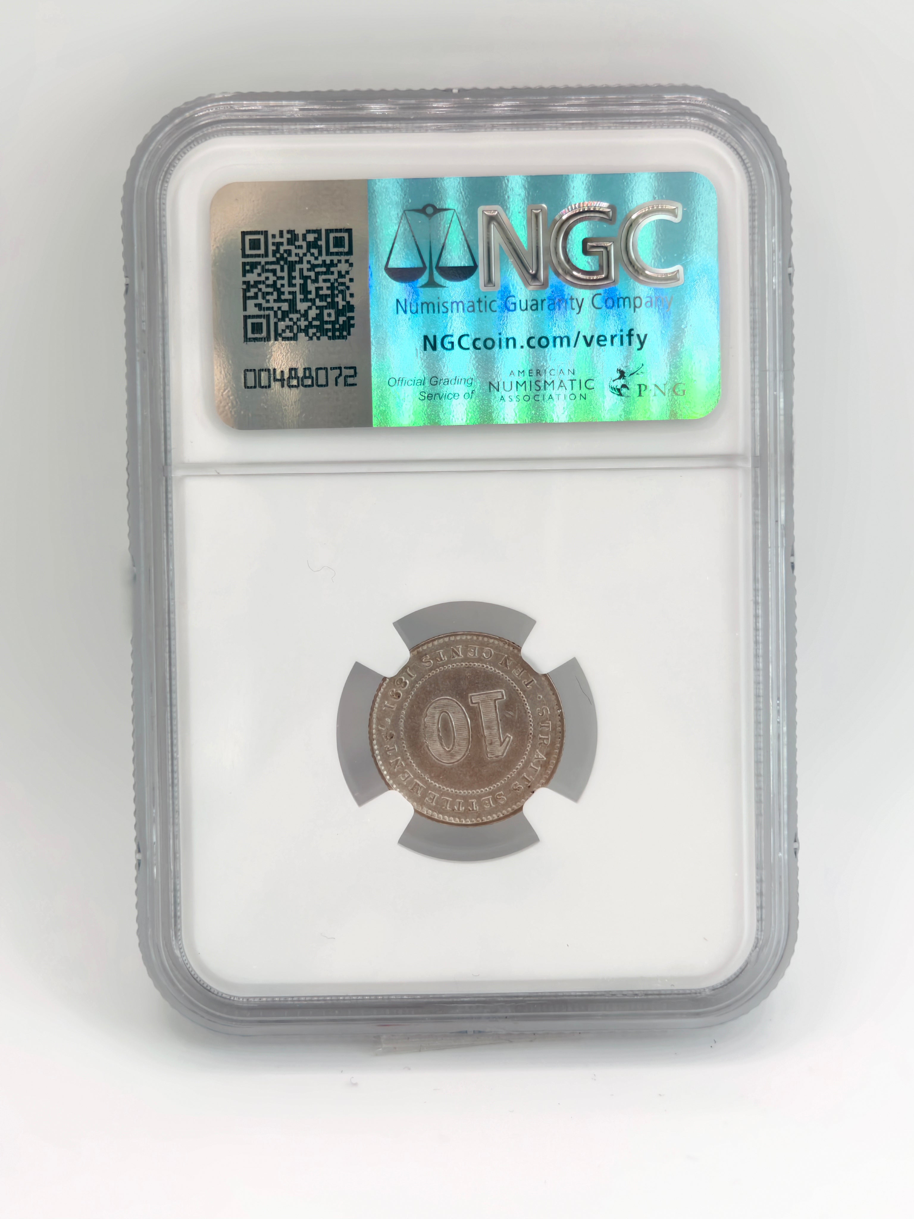 1891 - Straits 10 cents UNC Details Cleaned