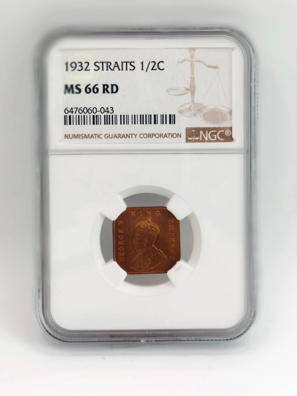 1932 Straits Settlements Half Cent MS66 RD Gem Colonial Bronze Coin Obverse