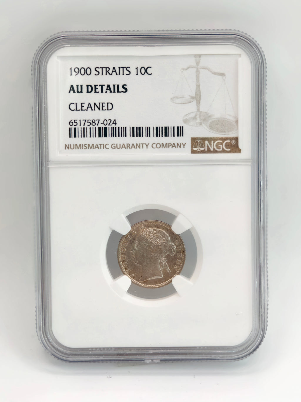 1900 - Straits 10 cents AU Details Cleaned