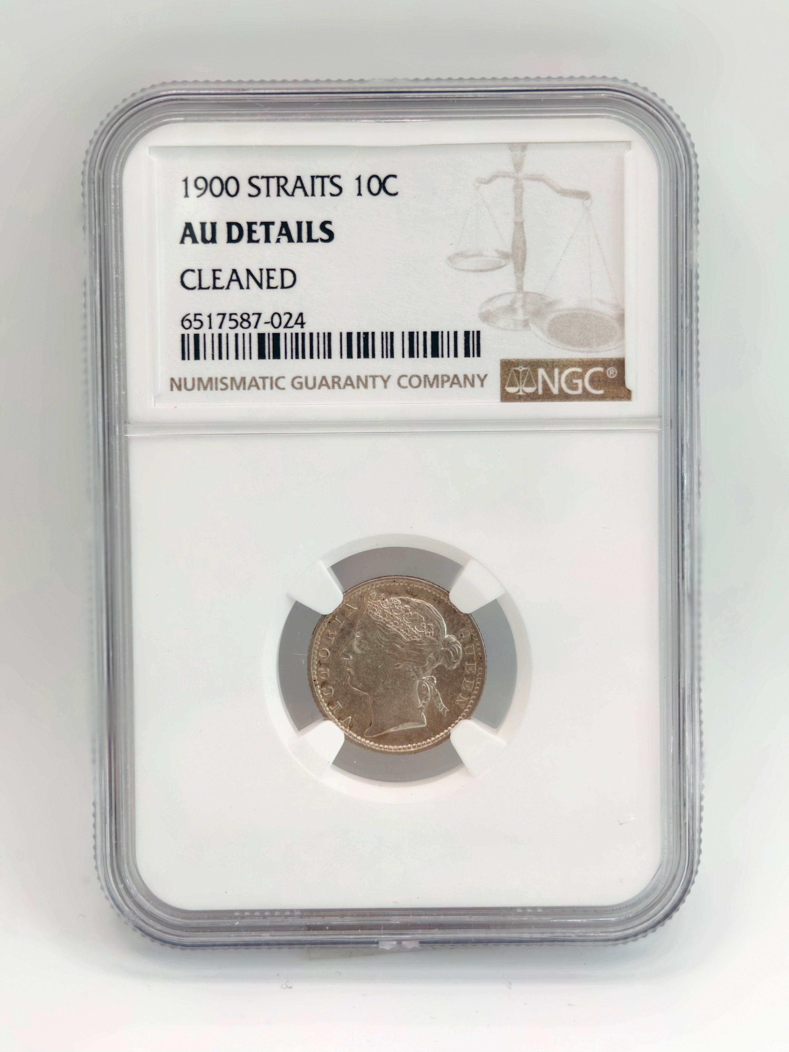 1900 - Straits 10 cents AU Details Cleaned