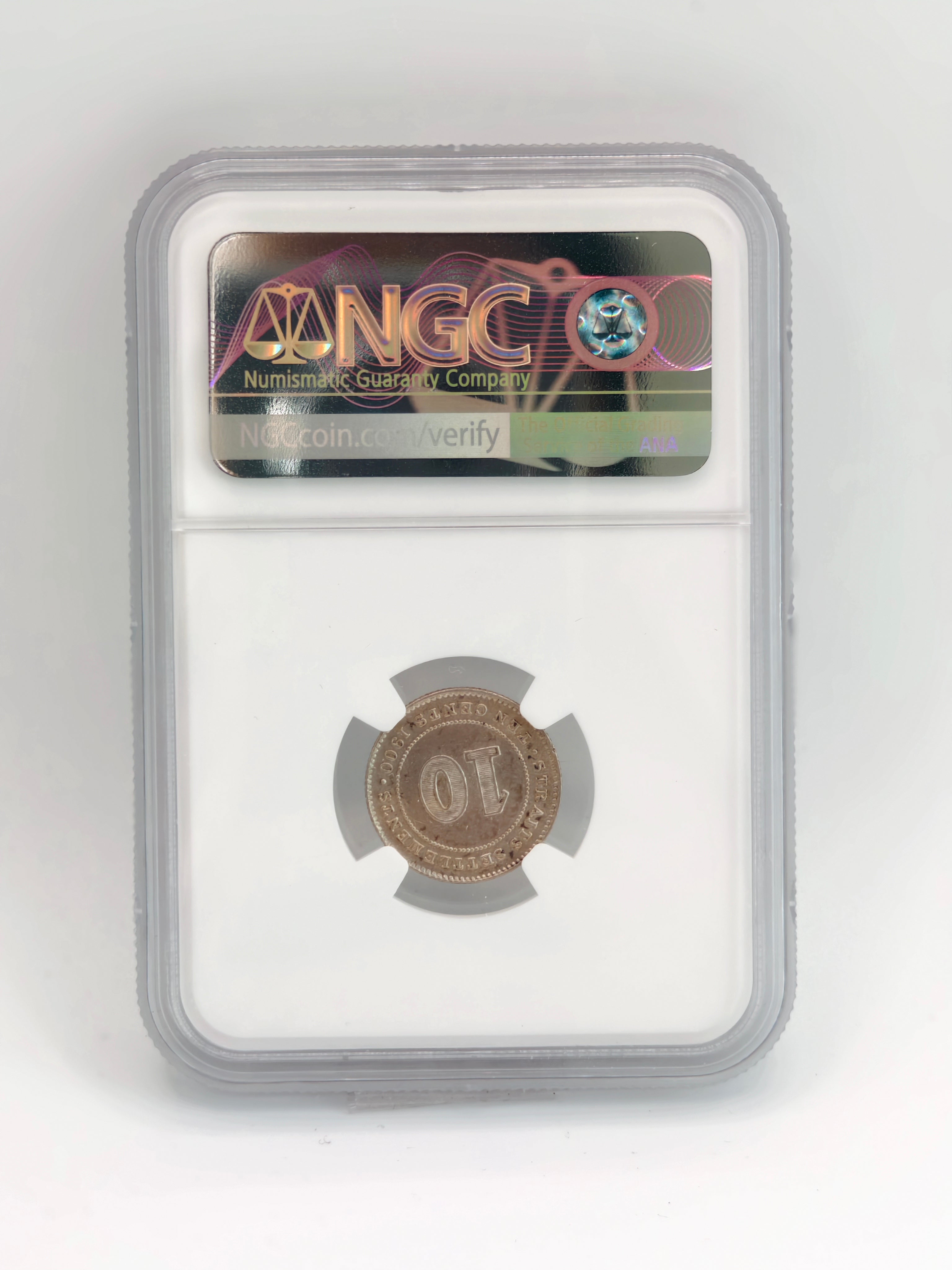 1900 - Straits 10 cents AU Details Cleaned
