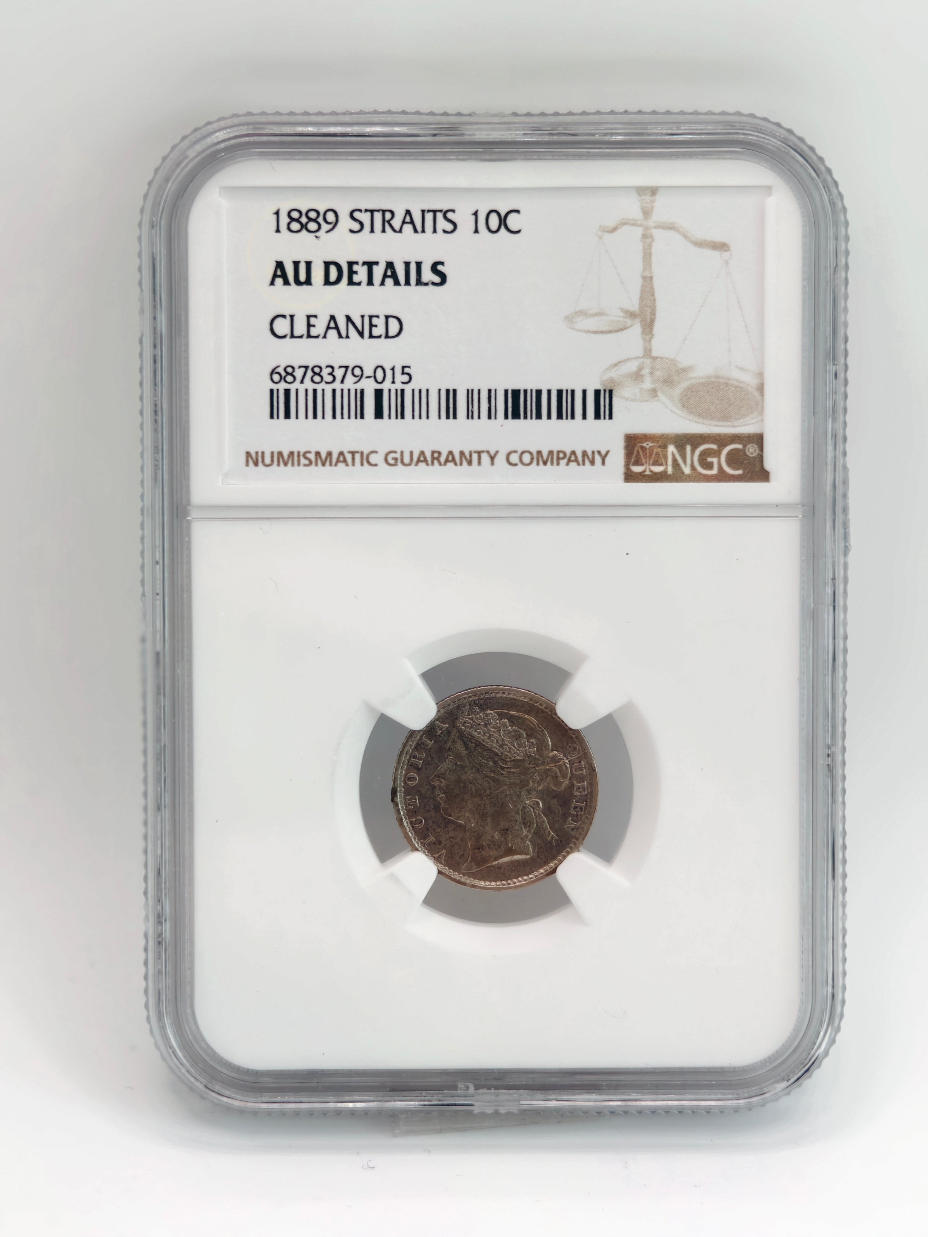 1889 - Straits 10 cents AU Details Cleaned
