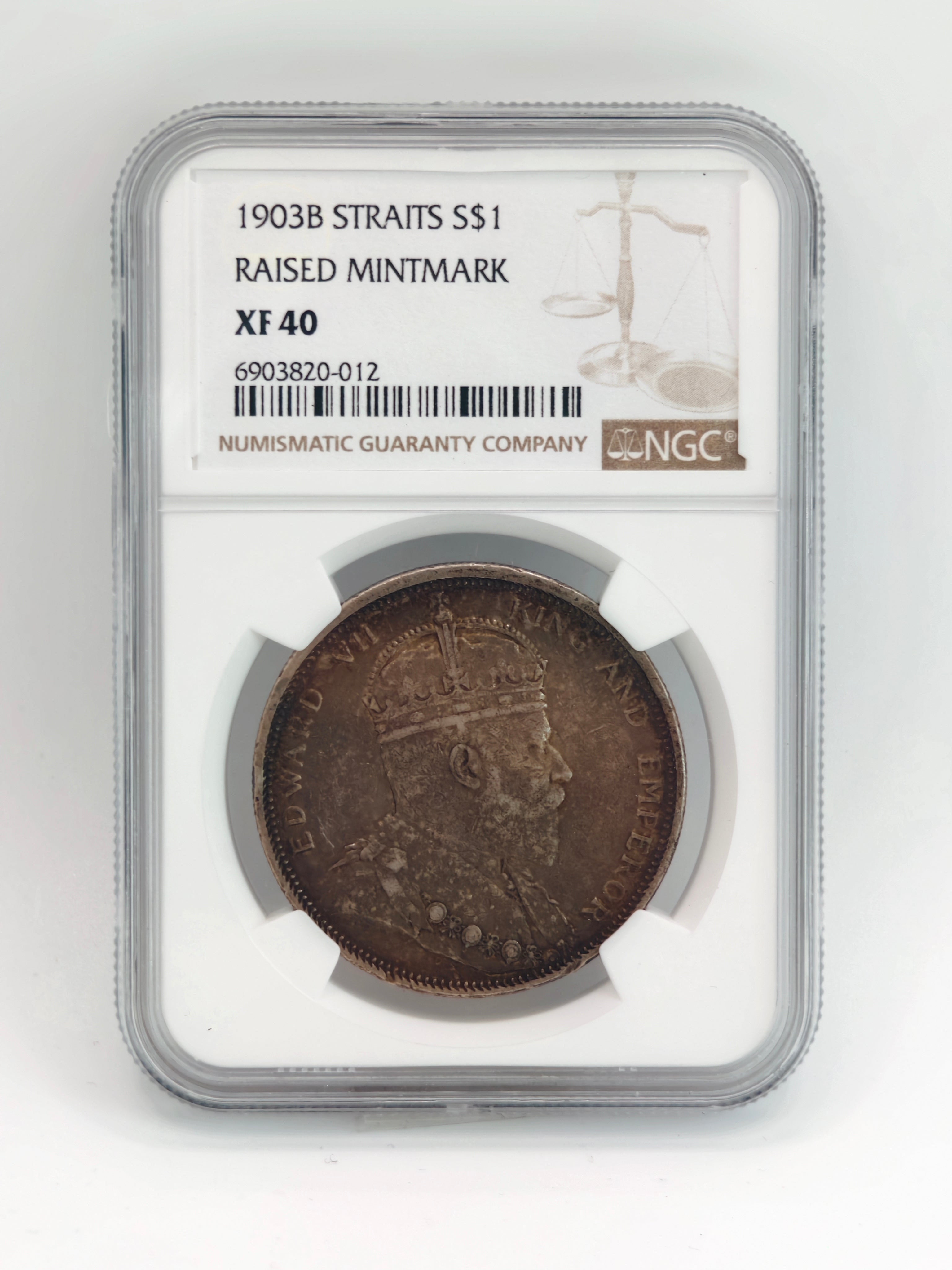 1903 - Straits $1 Raised Mintmark XF40