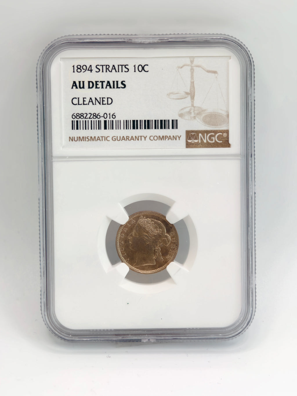 1894 - Straits 10 cents AU Details Cleaned