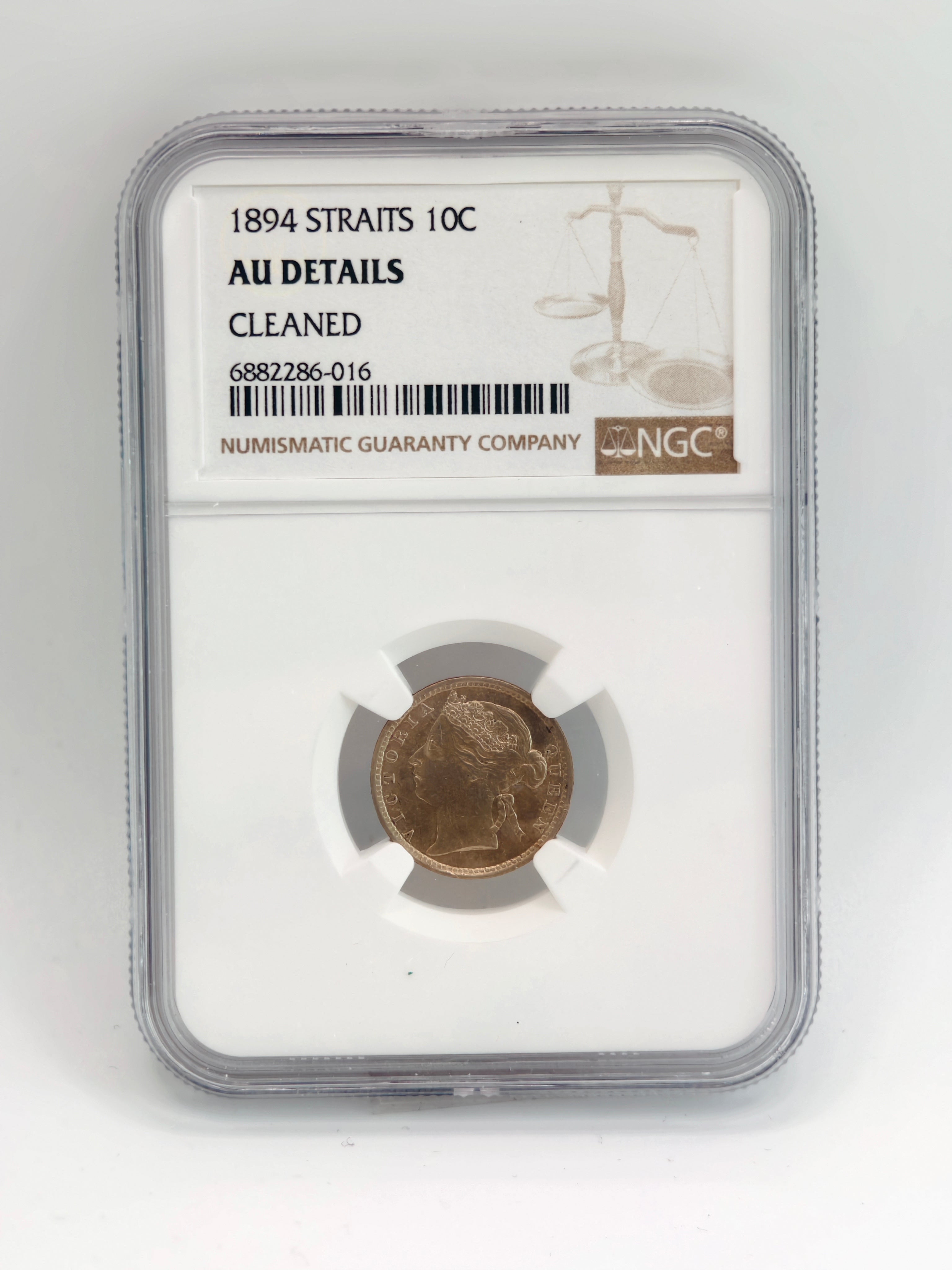 1894 - Straits 10 cents AU Details Cleaned