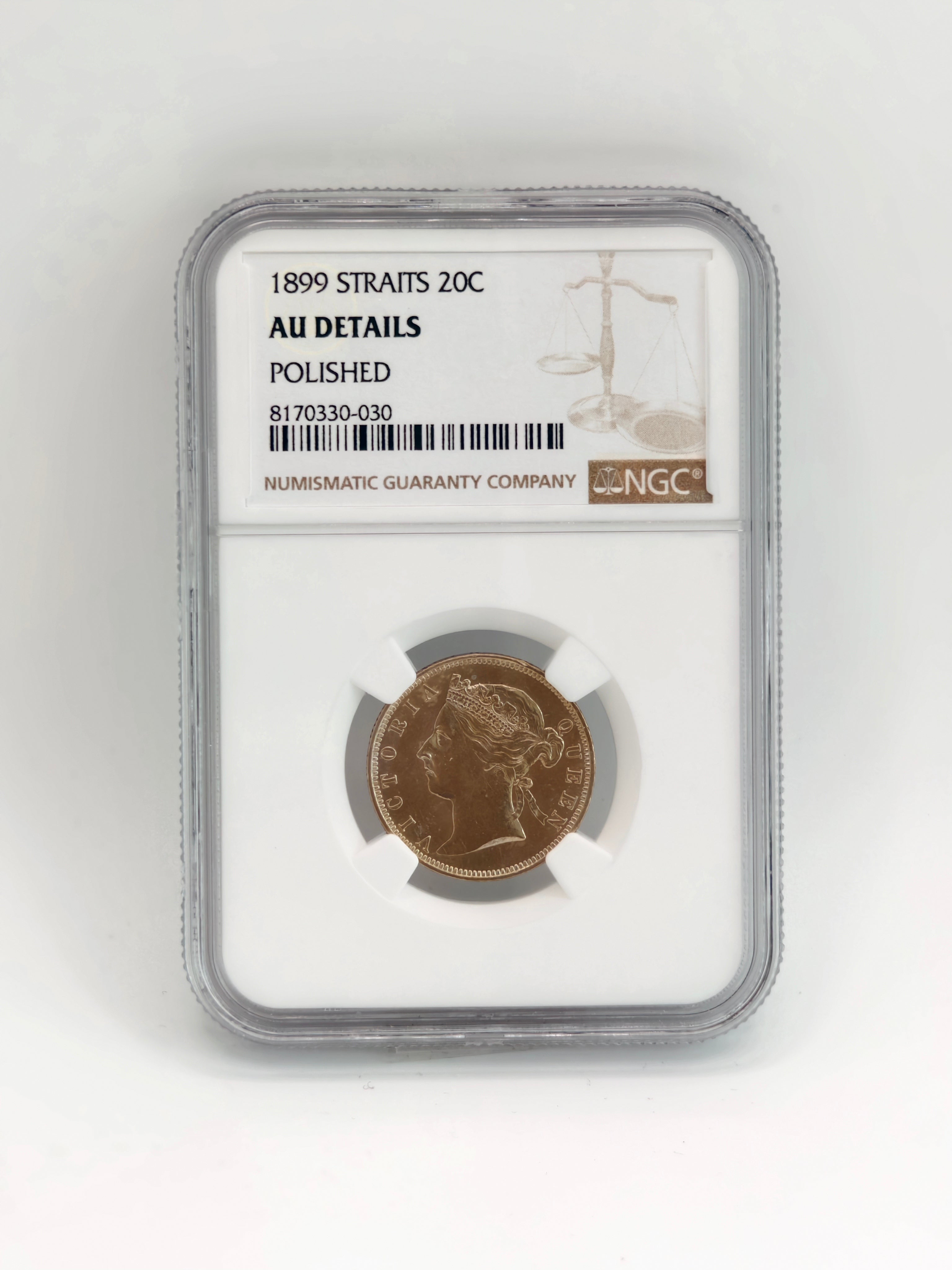 1899 - Straits 20 cents AU Details Polished