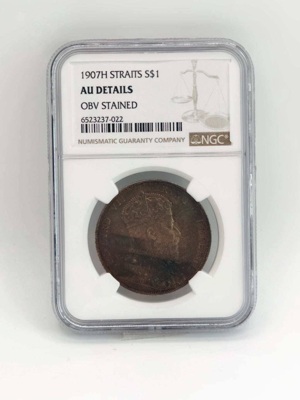 1907 - Straits $1 AU Details Obv Stained