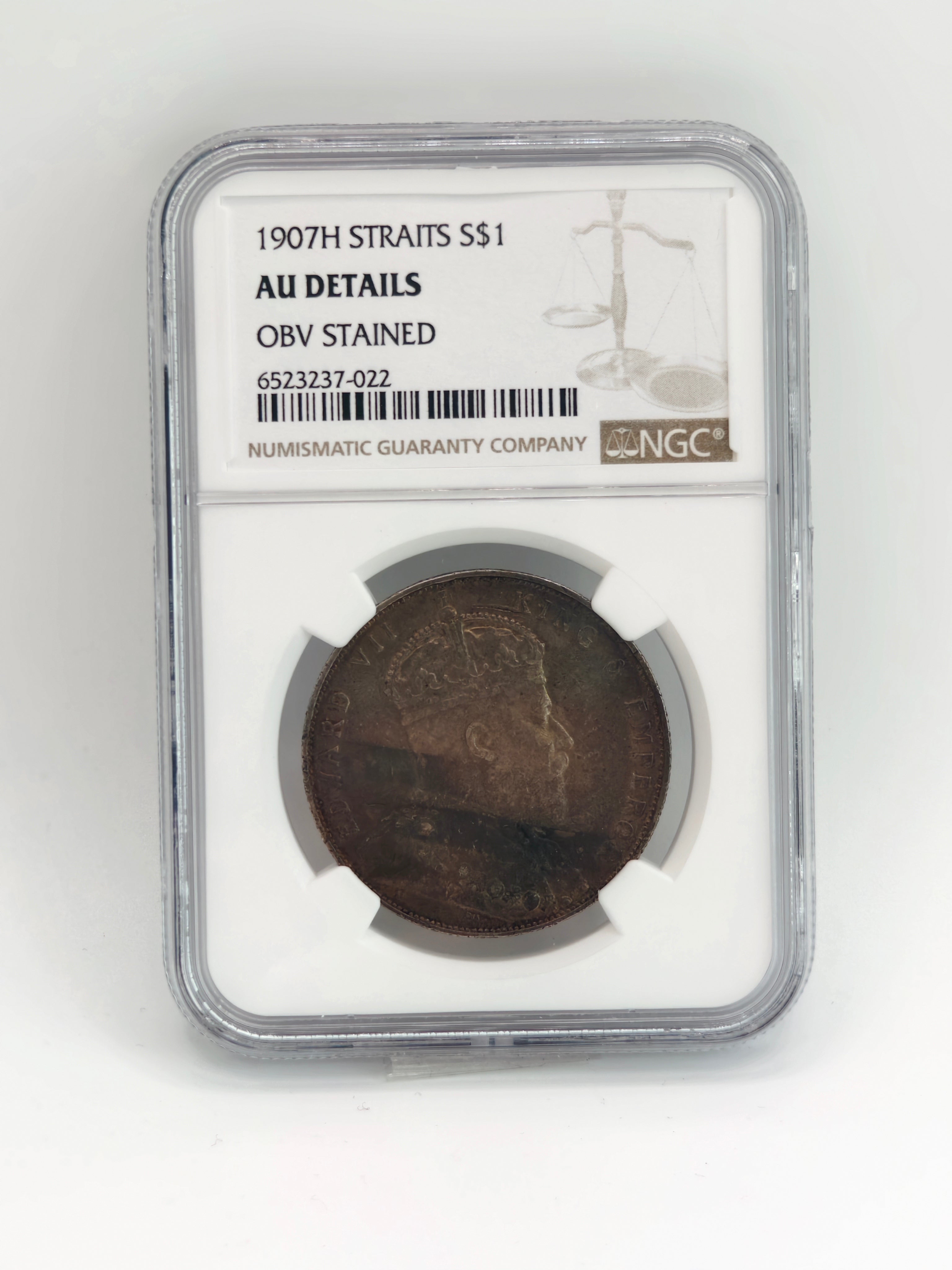 1907 - Straits $1 AU Details Obv Stained