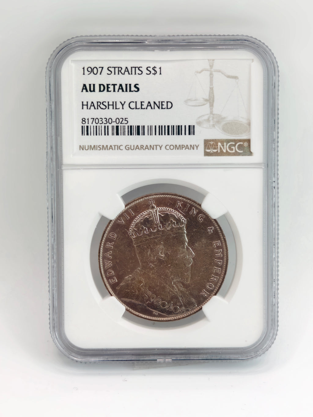 1907 - Straits $1 AU Details Harshly Cleaned