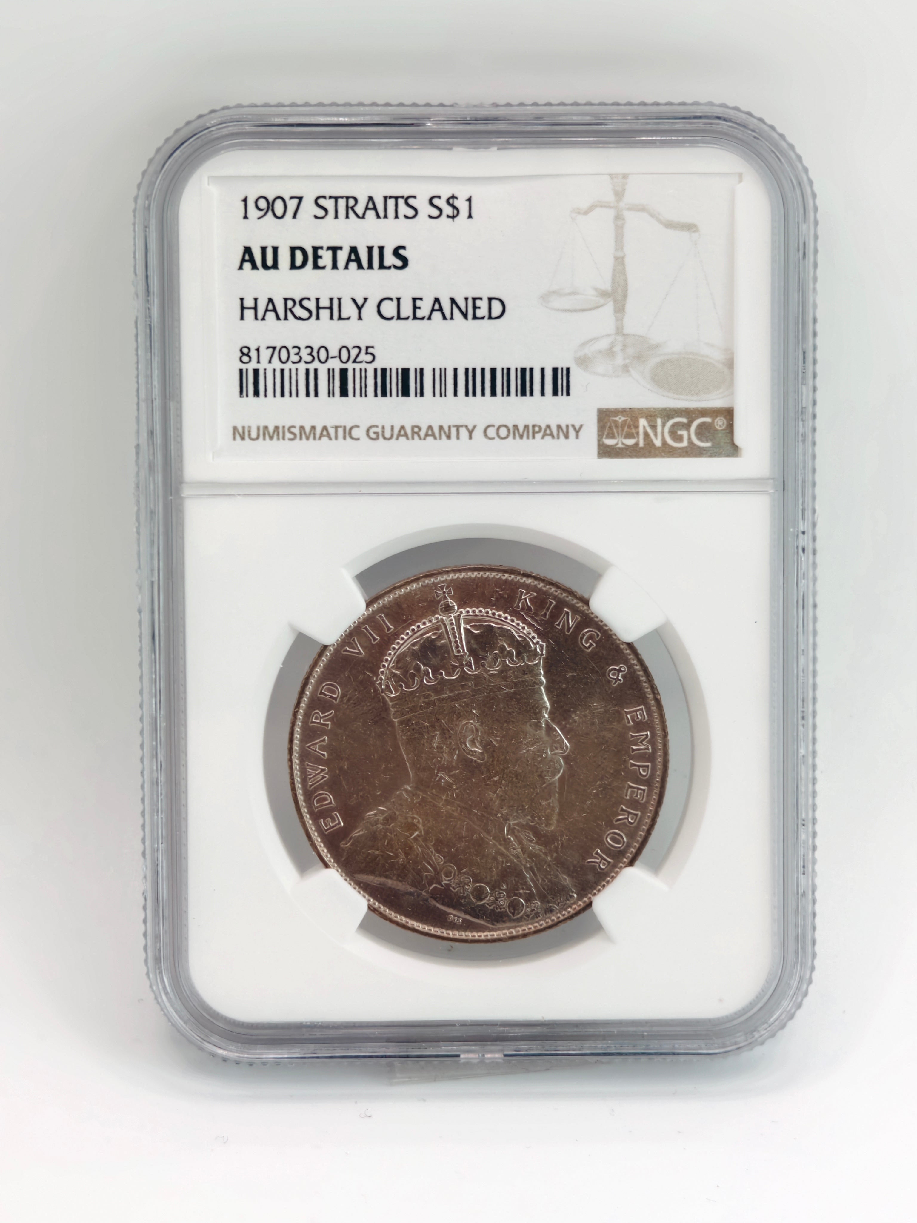 1907 - Straits $1 AU Details Harshly Cleaned