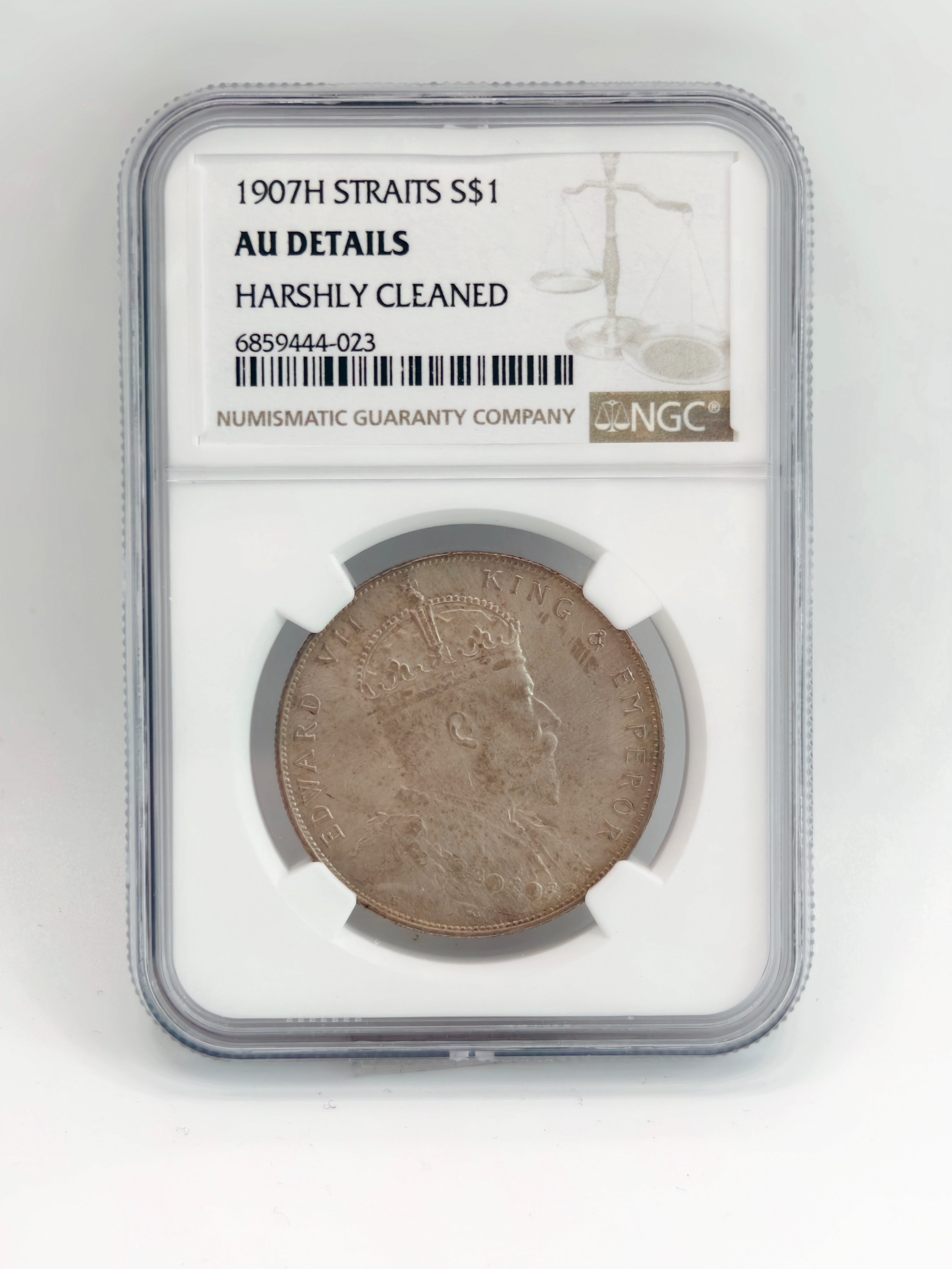 1907 - Straits $1 AU Details Harshly Cleaned