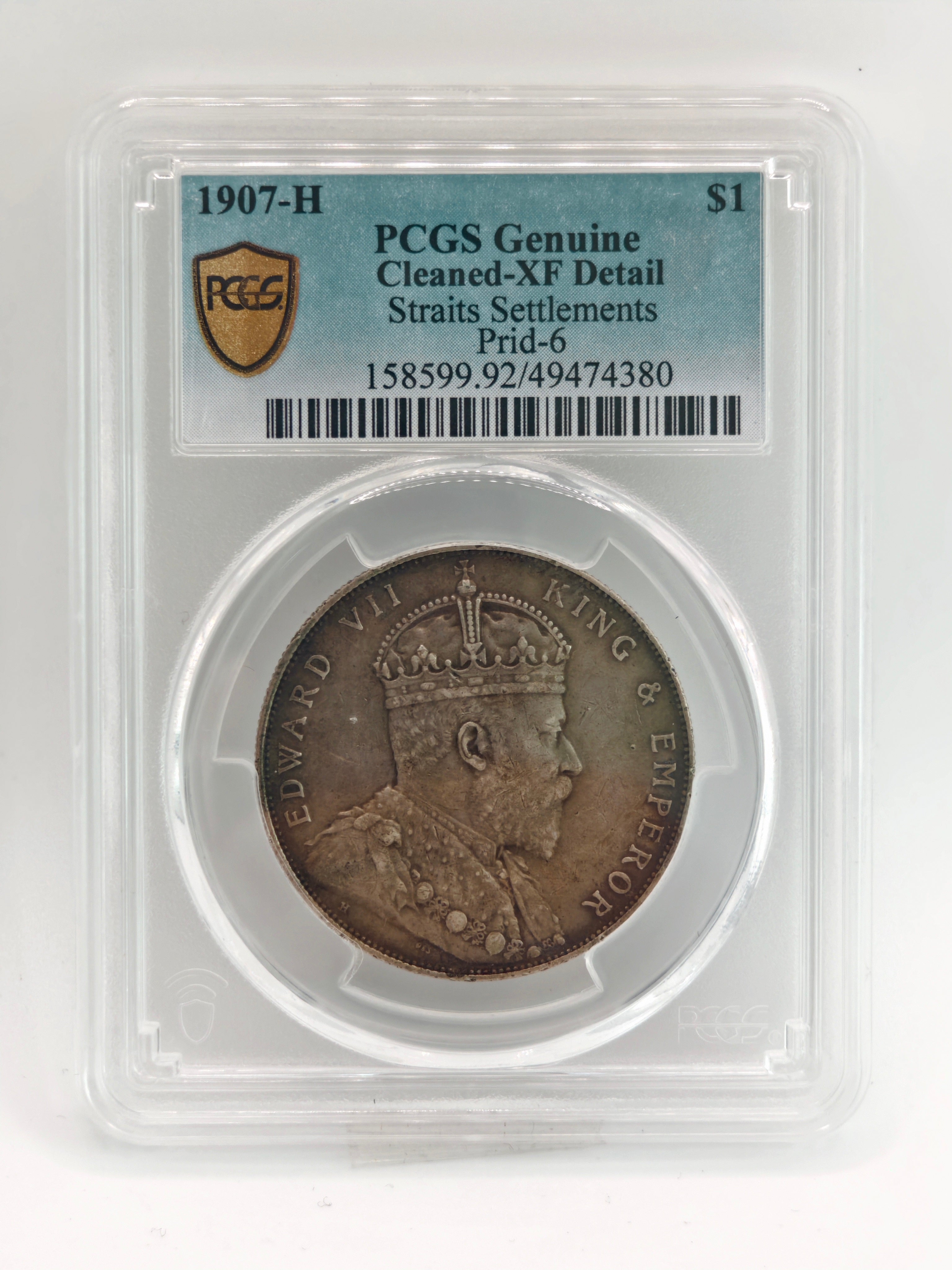 1907-H - Straits $1 PCGS Genuine Cleaned-XF Detail