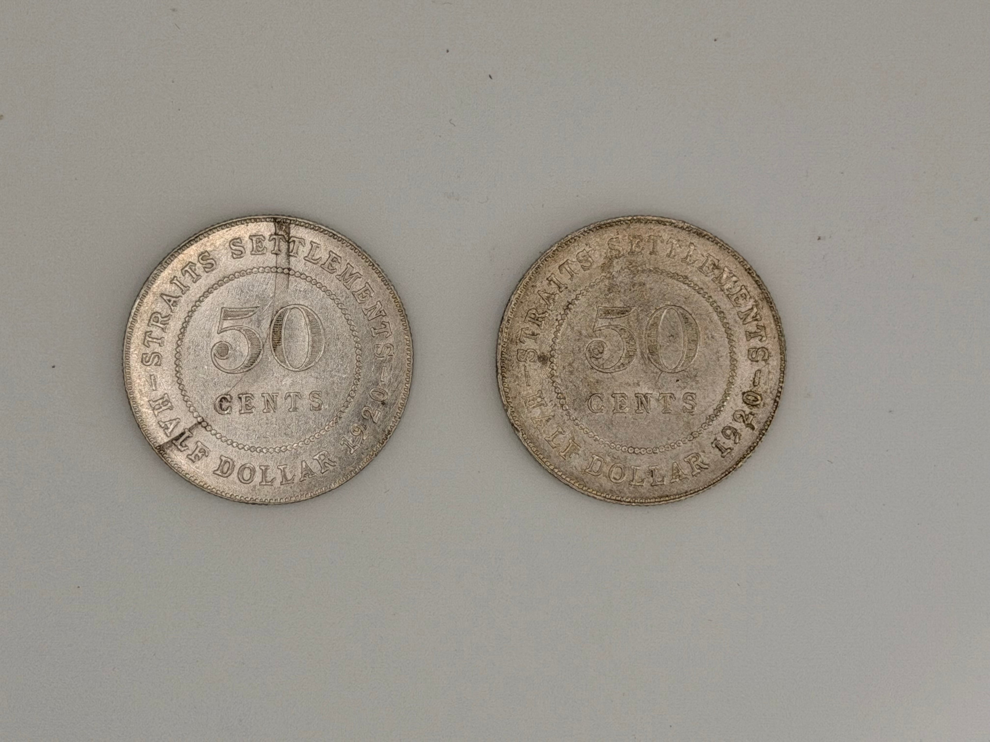 [一套2枚] 1920年新加坡海峡殖民地50分UNC硬币