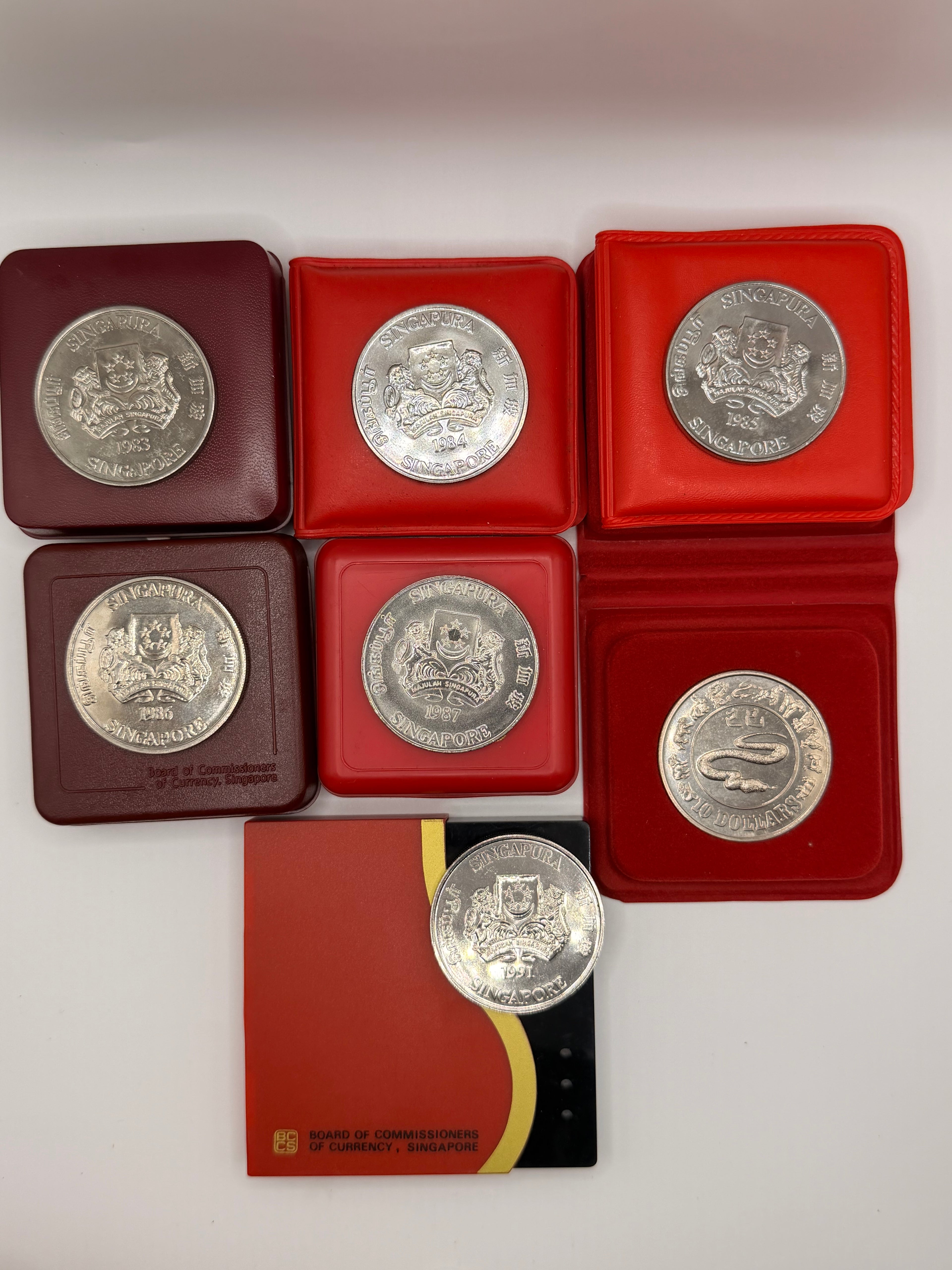 [Set of 7] 1983 - 1991 Singapore Lunar Cupro-Nickel $10 Coins