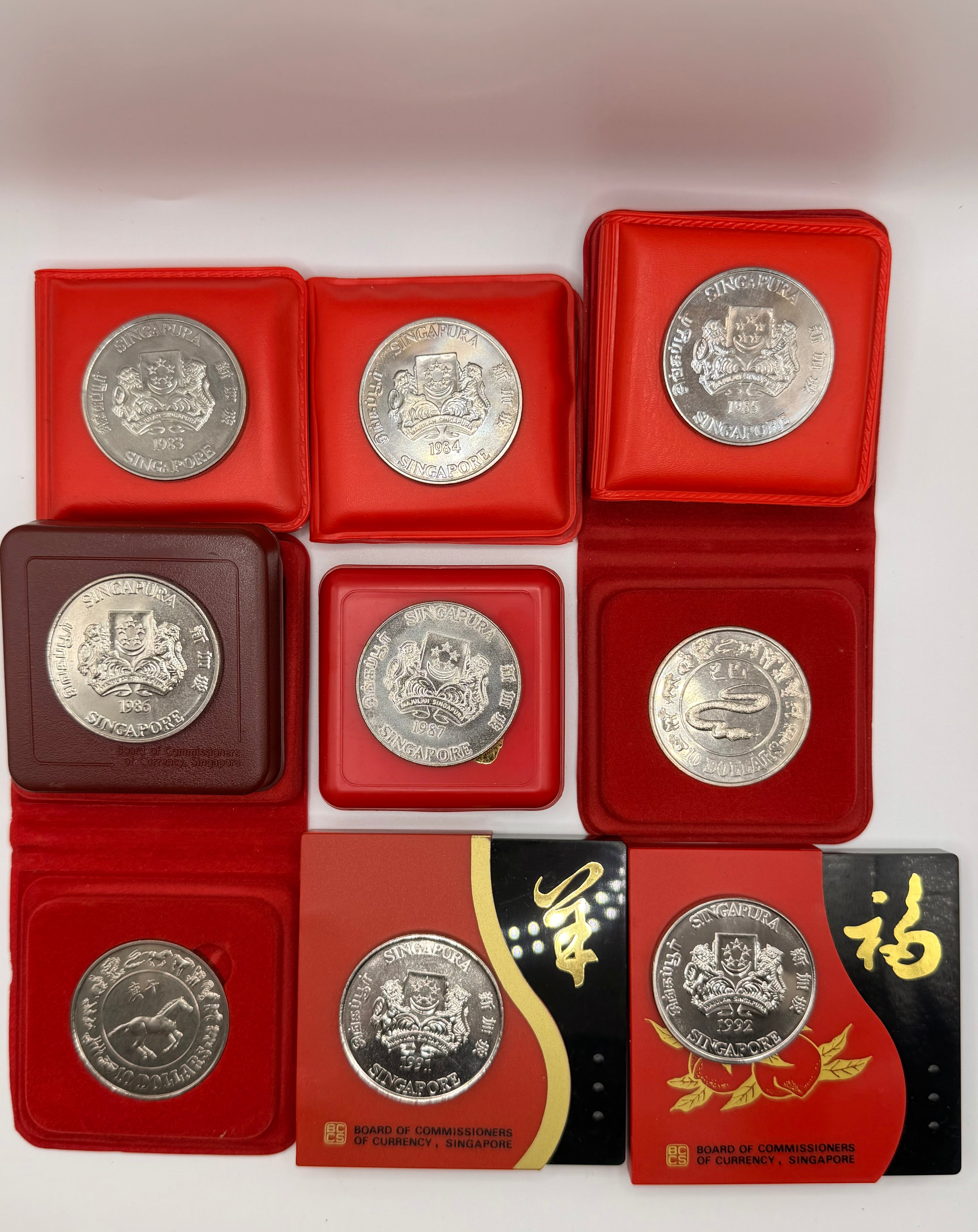 [Set of 9] 1983 - 1992 Singapore Lunar Cupro-Nickel $10 Coins