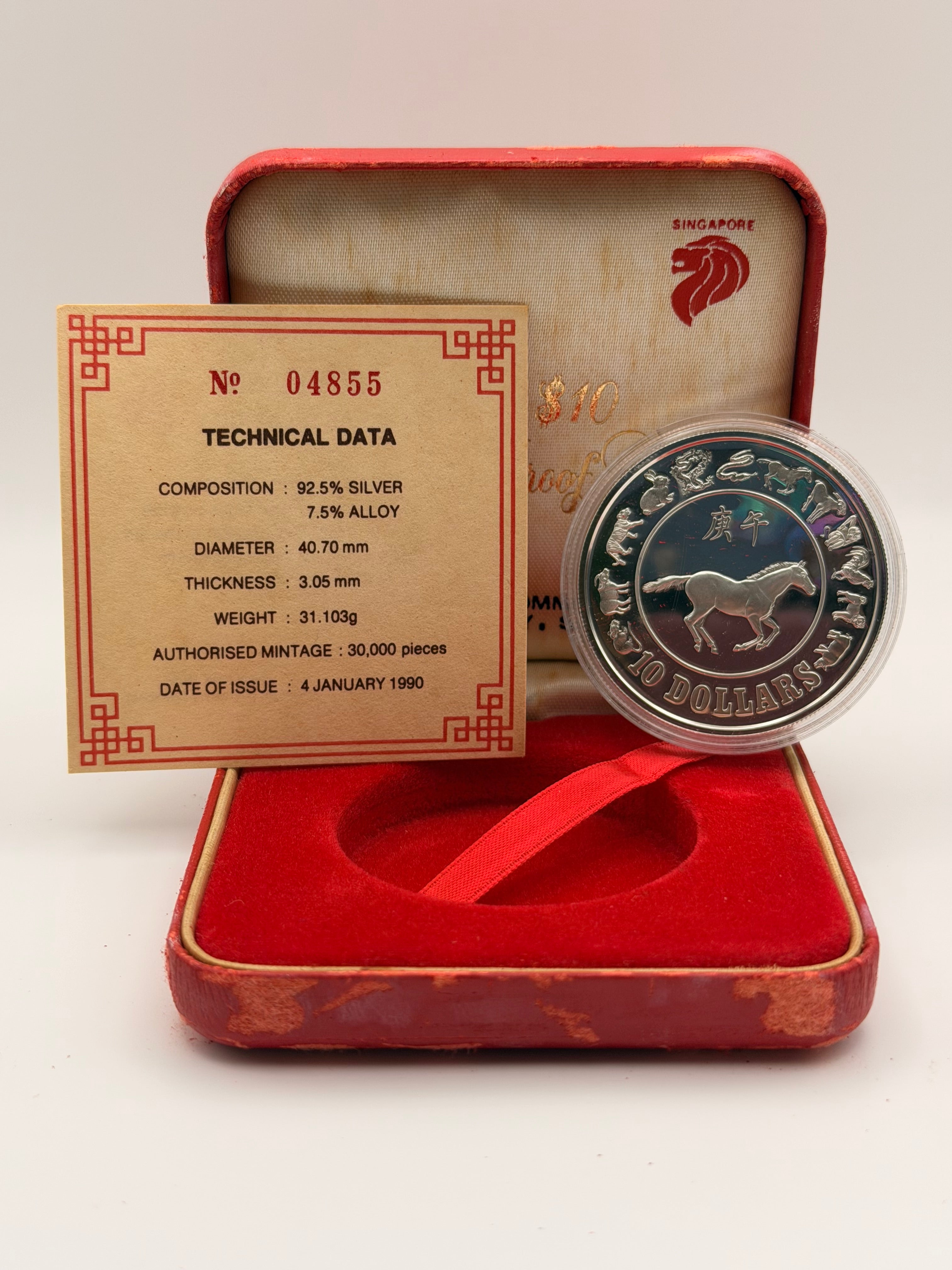 1990 Singapore Lunar $10 Silver Proof Coin (Year of Horse)