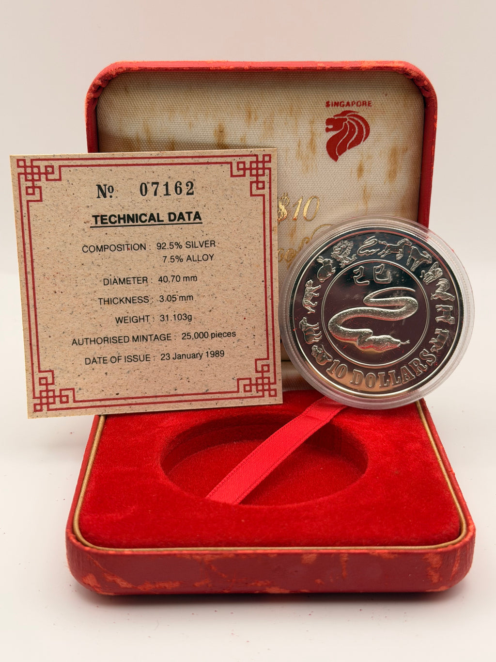 1989 Singapore $10 Silver Proof Coin (Year of Snake)