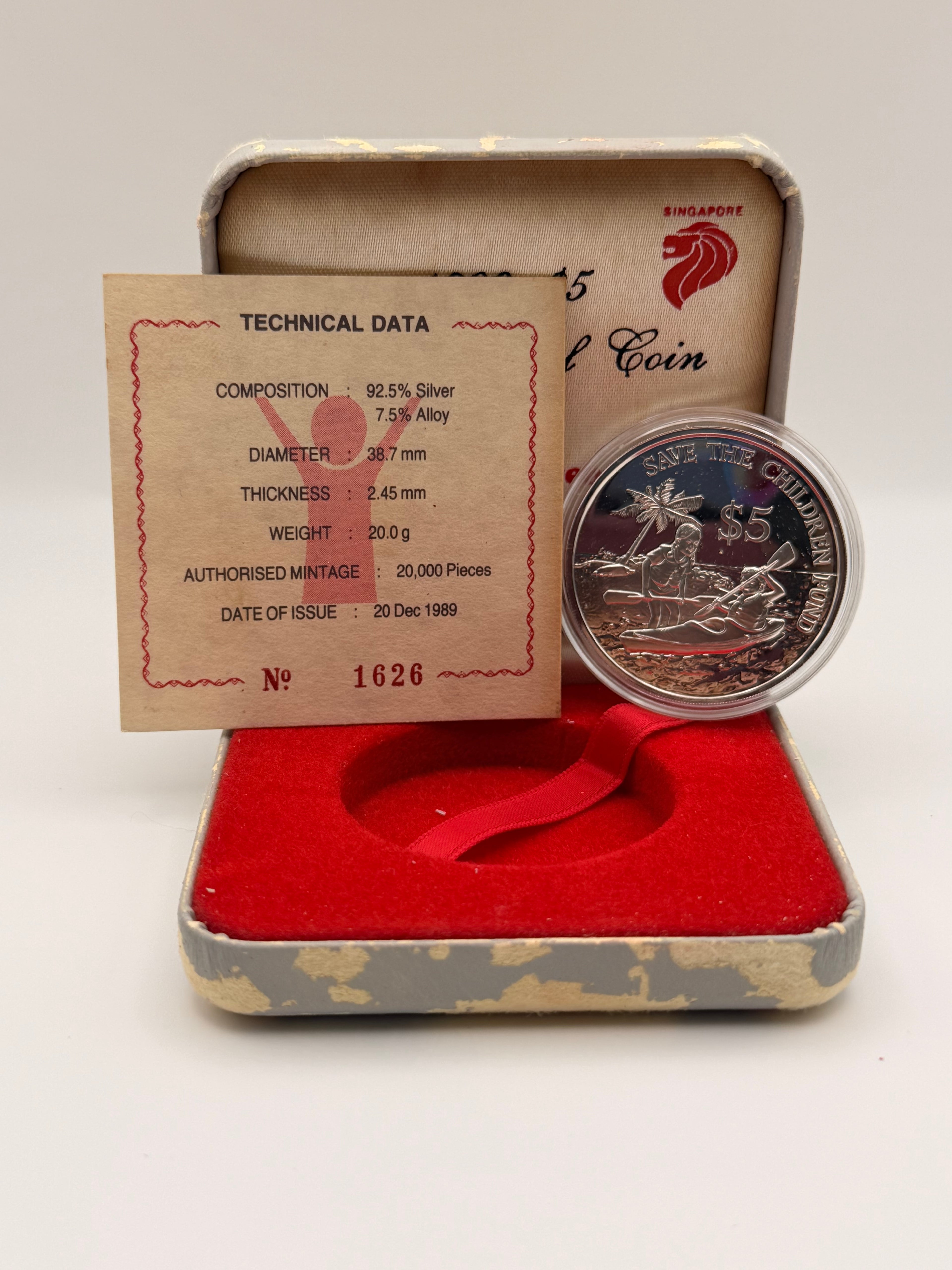 1989 Singapore $5 Sterling Silver Proof Coin - 70th Anniversary of Save the Children Fund