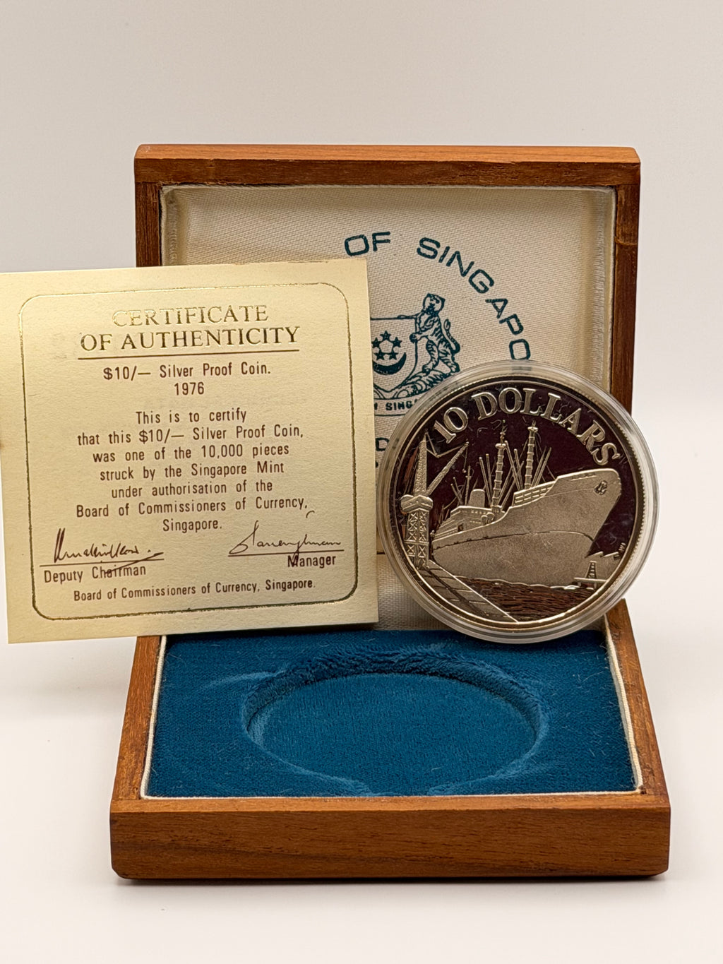 1976 Singapore $10 Silver Proof Coin - Ship Series