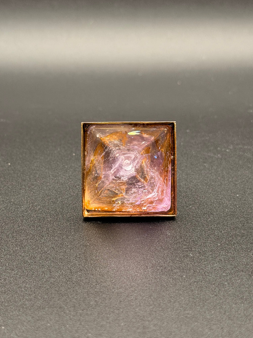 Gold Plated Natural Rose Amethyst Pyramid Crystal Ring | Adjustable Open Band