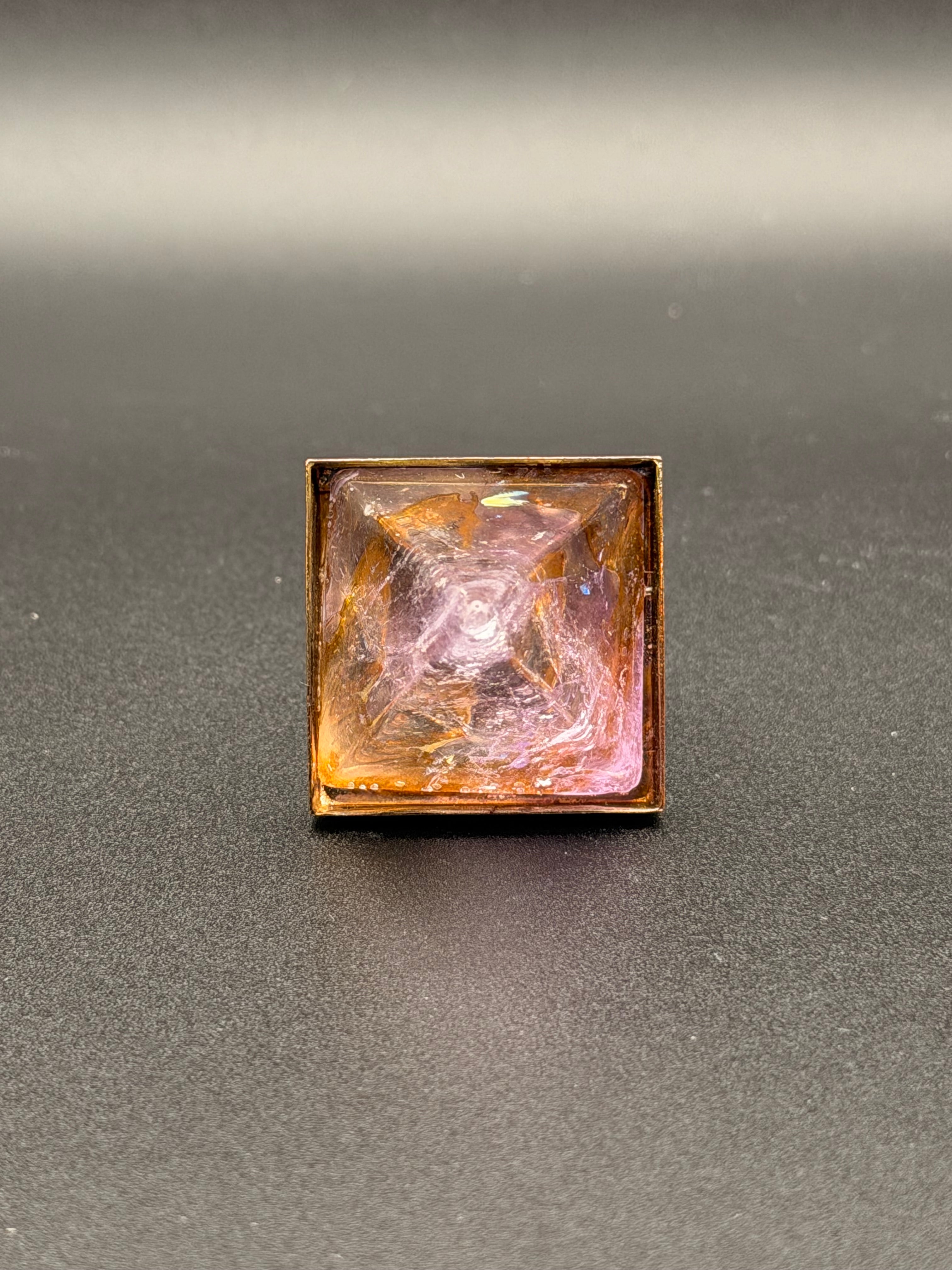 Gold Plated Natural Rose Amethyst Pyramid Crystal Ring | Adjustable Open Band