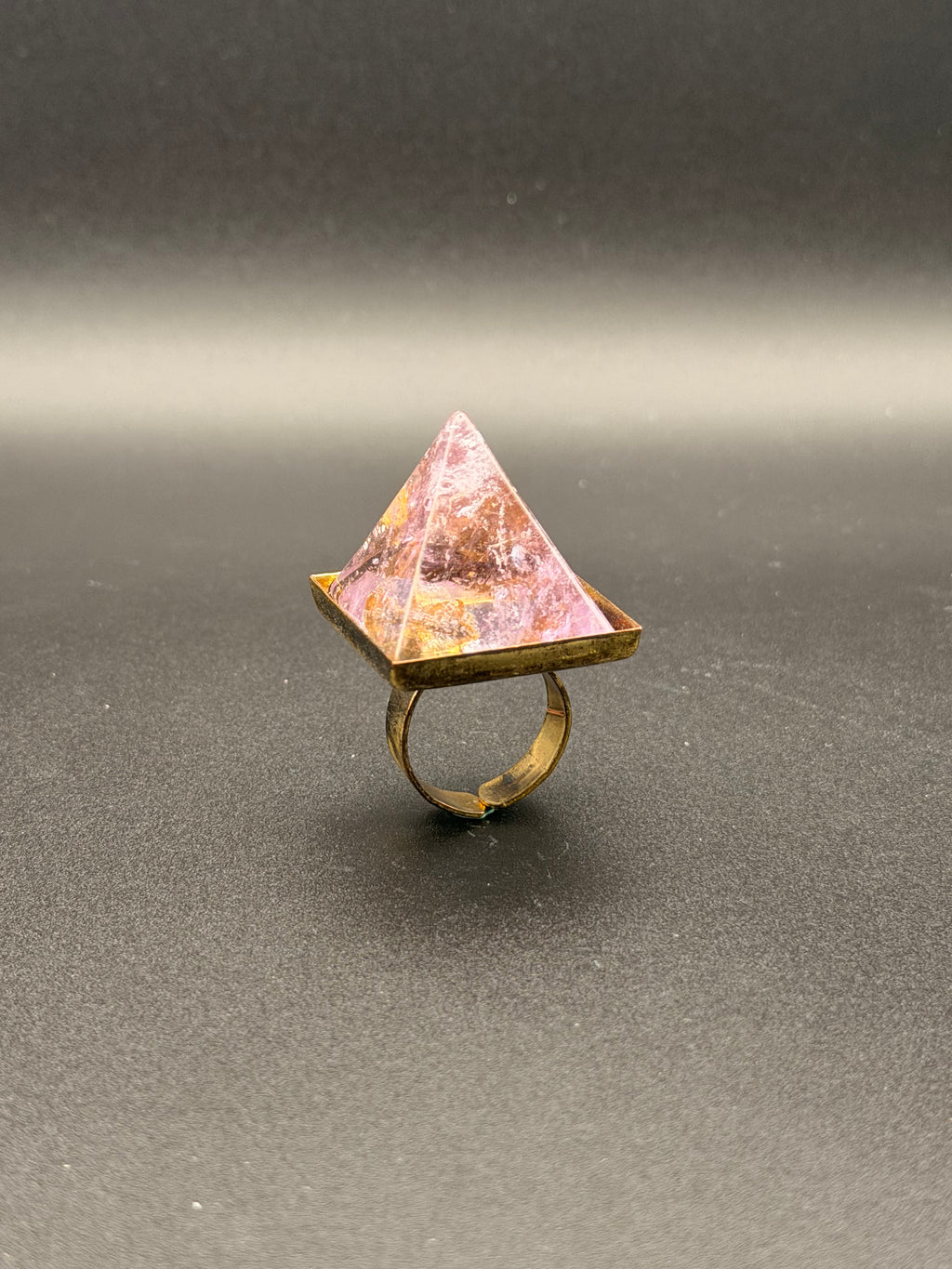 Gold Plated Natural Rose Amethyst Pyramid Crystal Ring | Adjustable Open Band