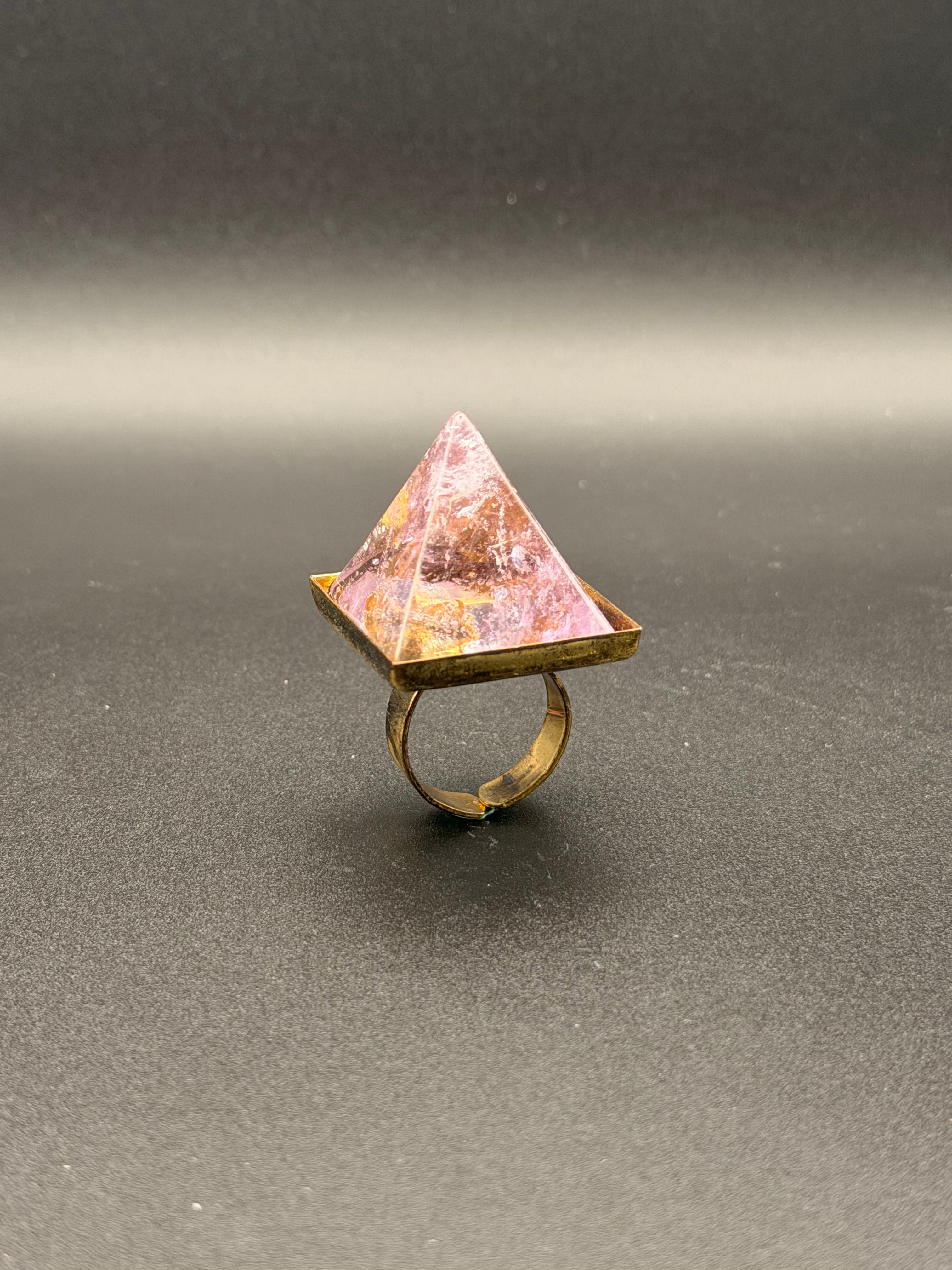 Gold Plated Natural Rose Amethyst Pyramid Crystal Ring | Adjustable Open Band