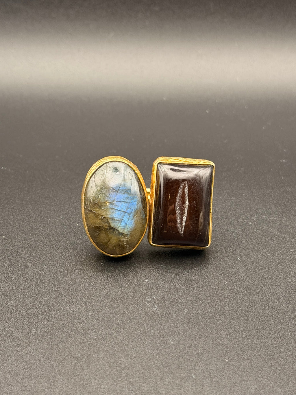 Gold Plated Labradorite & Garnet Dual Stone Toi et Moi Ring | Adjustable Open Band