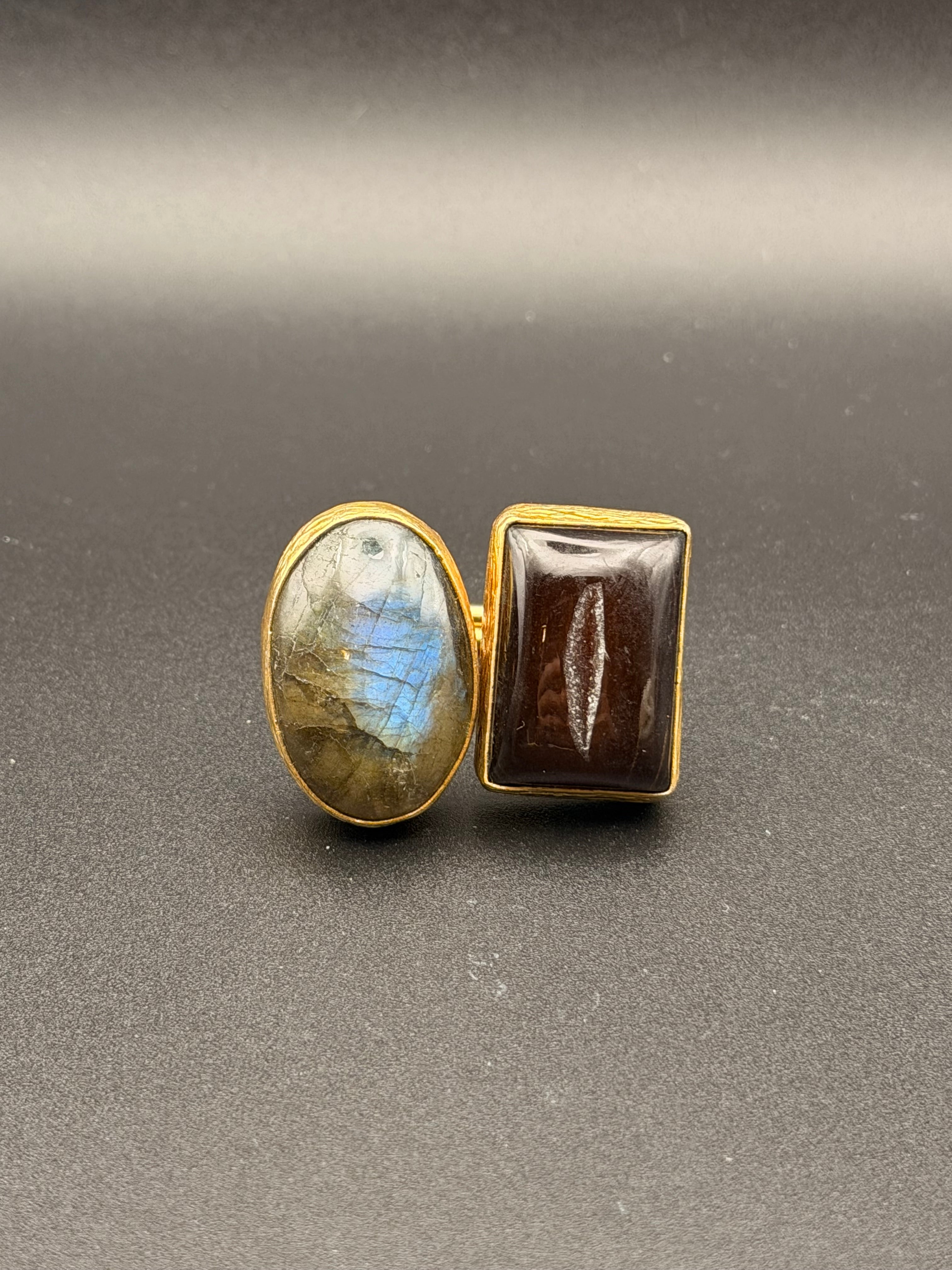 Gold Plated Labradorite & Garnet Dual Stone Toi et Moi Ring | Adjustable Open Band