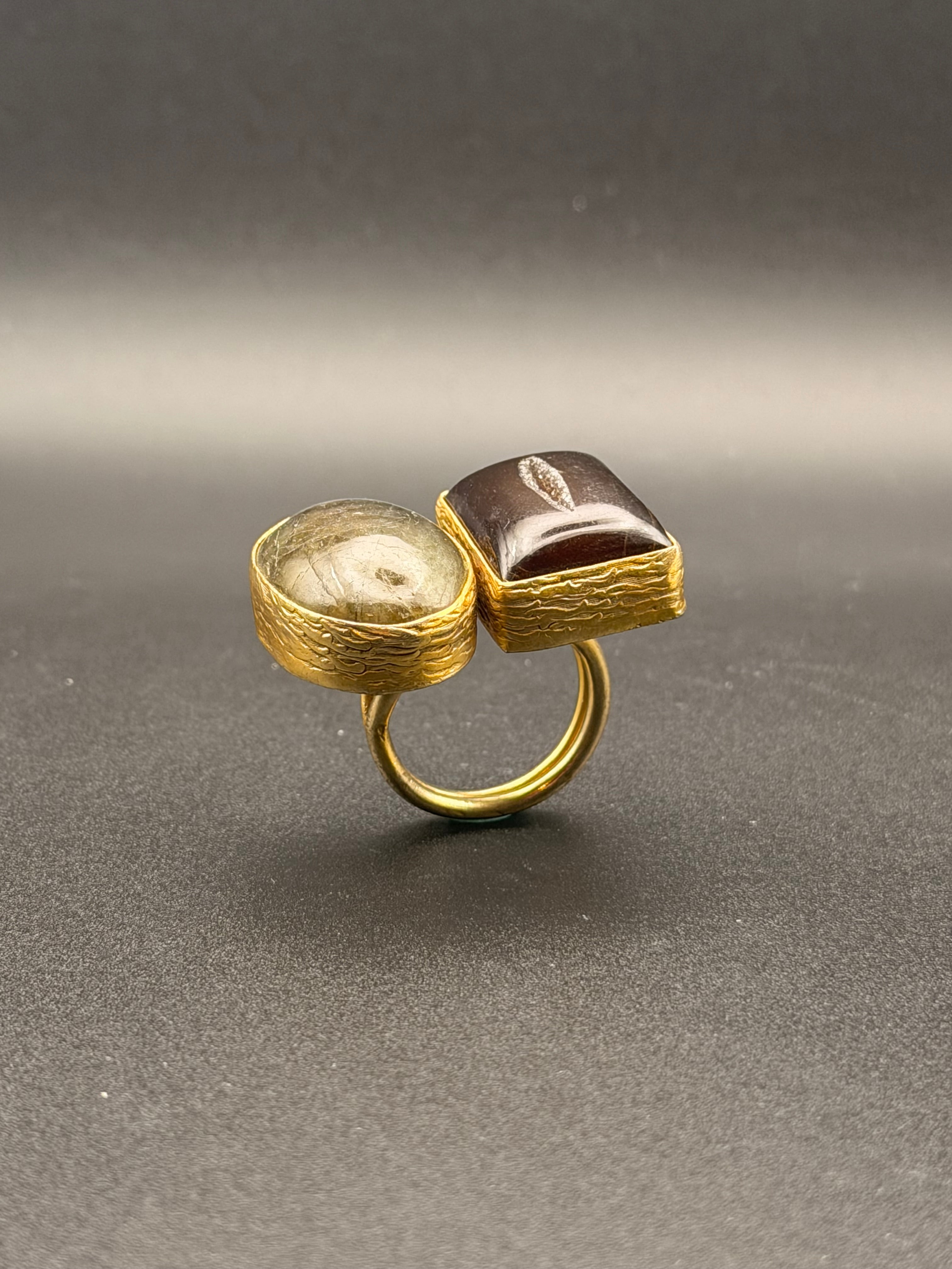 Gold Plated Labradorite & Garnet Dual Stone Toi et Moi Ring | Adjustable Open Band