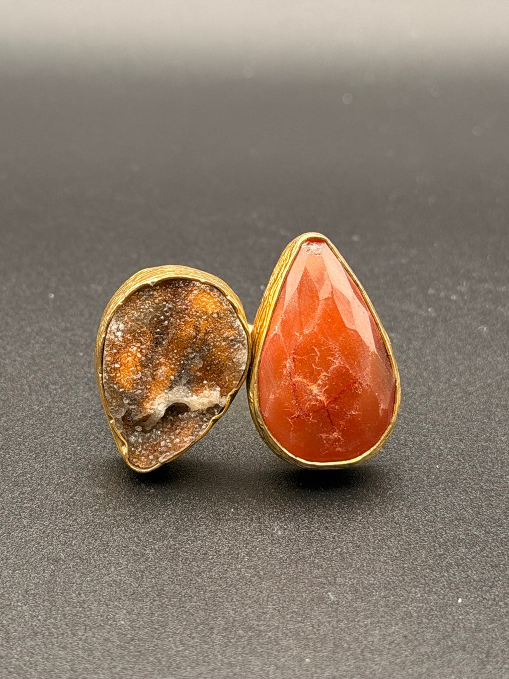 Gold Plated Carnelian & Druzy Agate Dual Stone Toi et Moi Ring | Adjustable Open Band