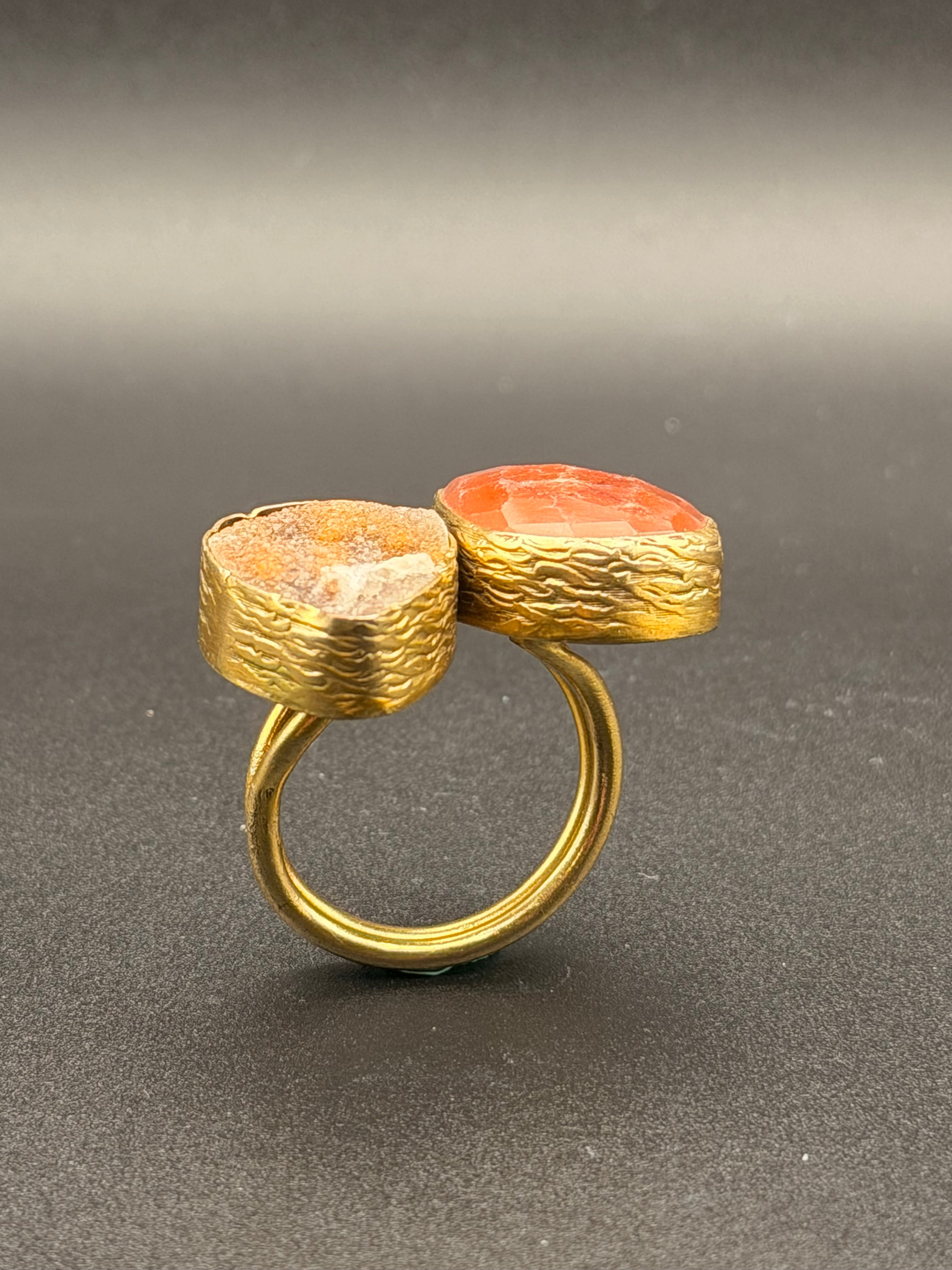 Gold Plated Carnelian & Druzy Agate Dual Stone Toi et Moi Ring | Adjustable Open Band