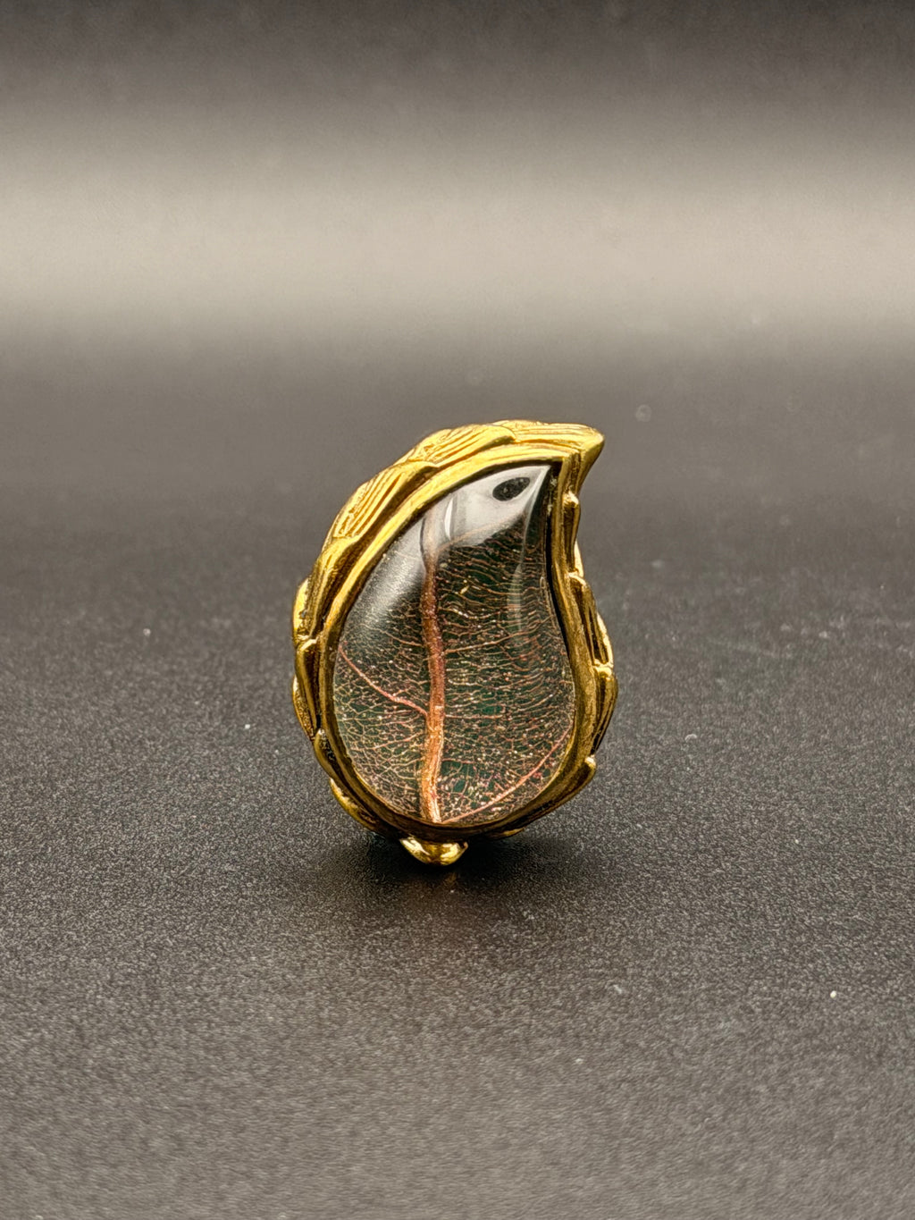 Gold Plated Clear Quartz & Preserved Botanical Leaf Teardrop Ring | Feather Bezel | Twisted Band