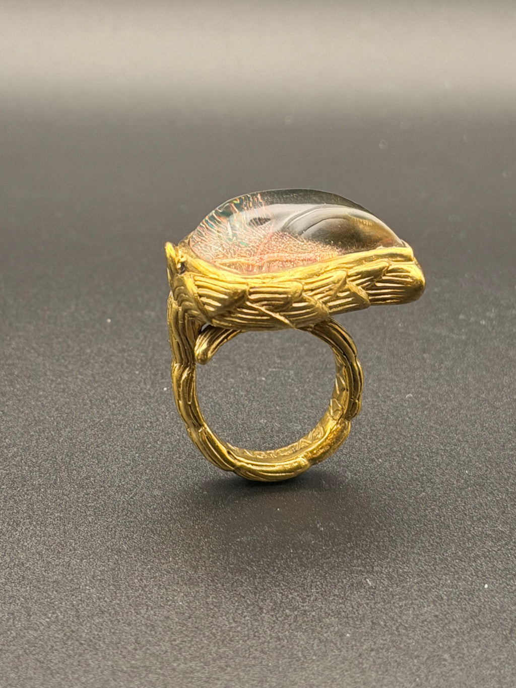 Gold Plated Clear Quartz & Preserved Botanical Leaf Teardrop Ring | Feather Bezel | Twisted Band