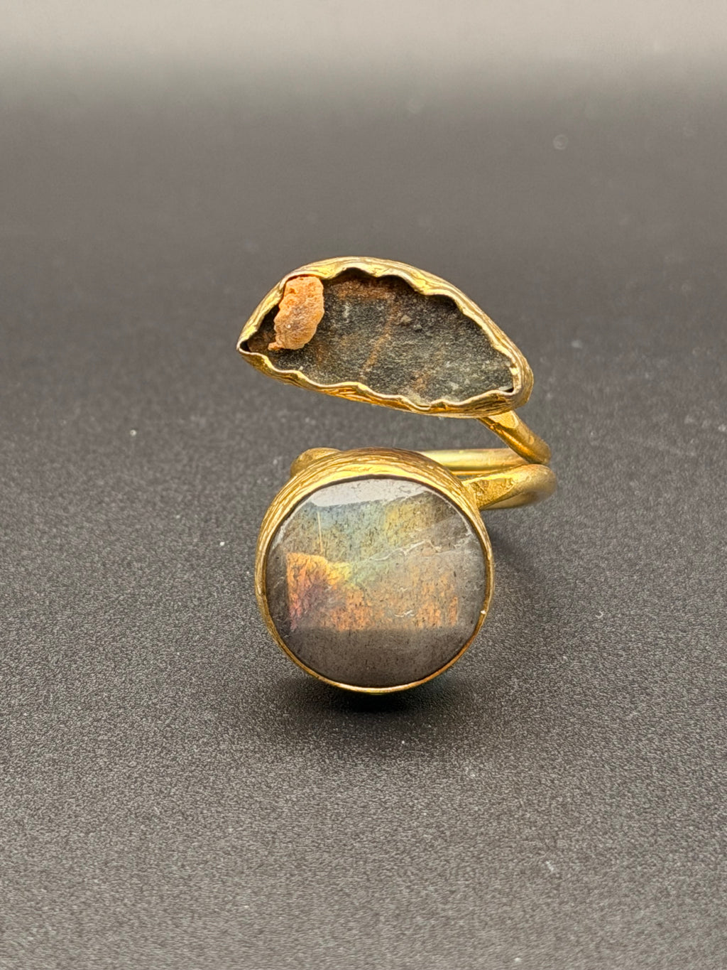Gold Plated Labradorite & Druzy Geode Toi et Moi Bypass Ring | Rose-Cut & Raw Stone