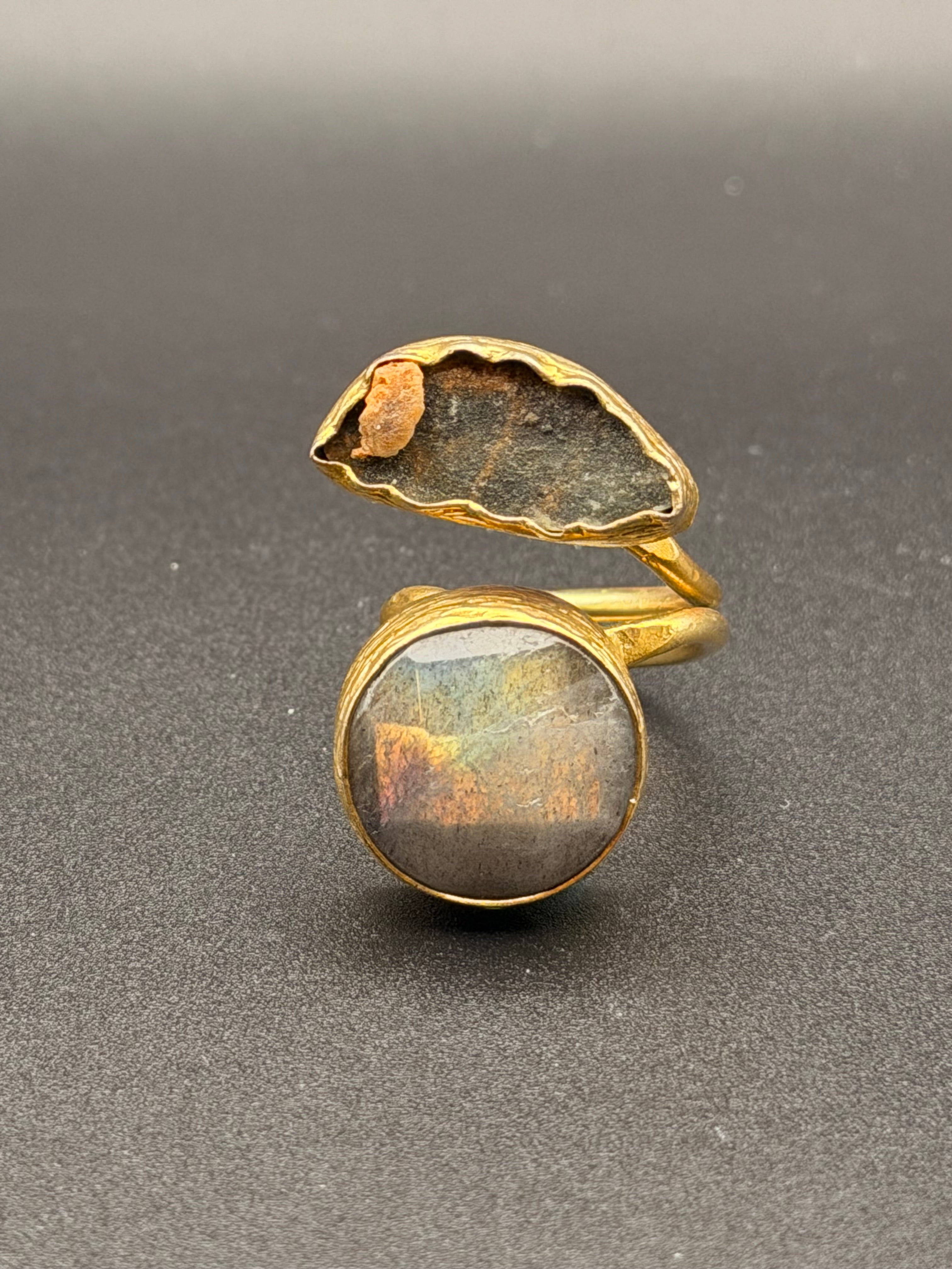 Gold Plated Labradorite & Druzy Geode Toi et Moi Bypass Ring | Rose-Cut & Raw Stone